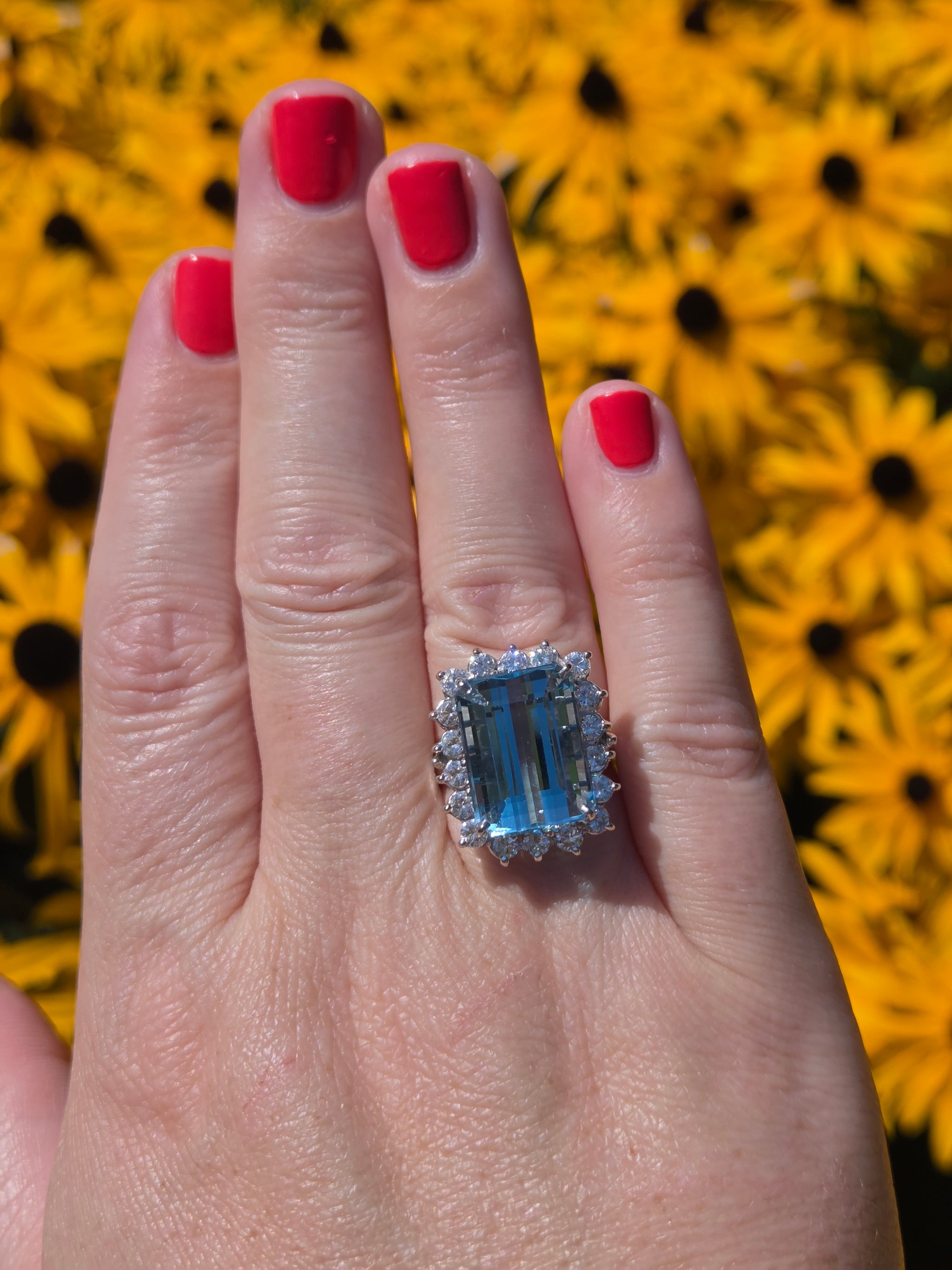 Vintage Emerald Cut Aquamarine Diamond Halo Cocktail Ring in 14K White Gold