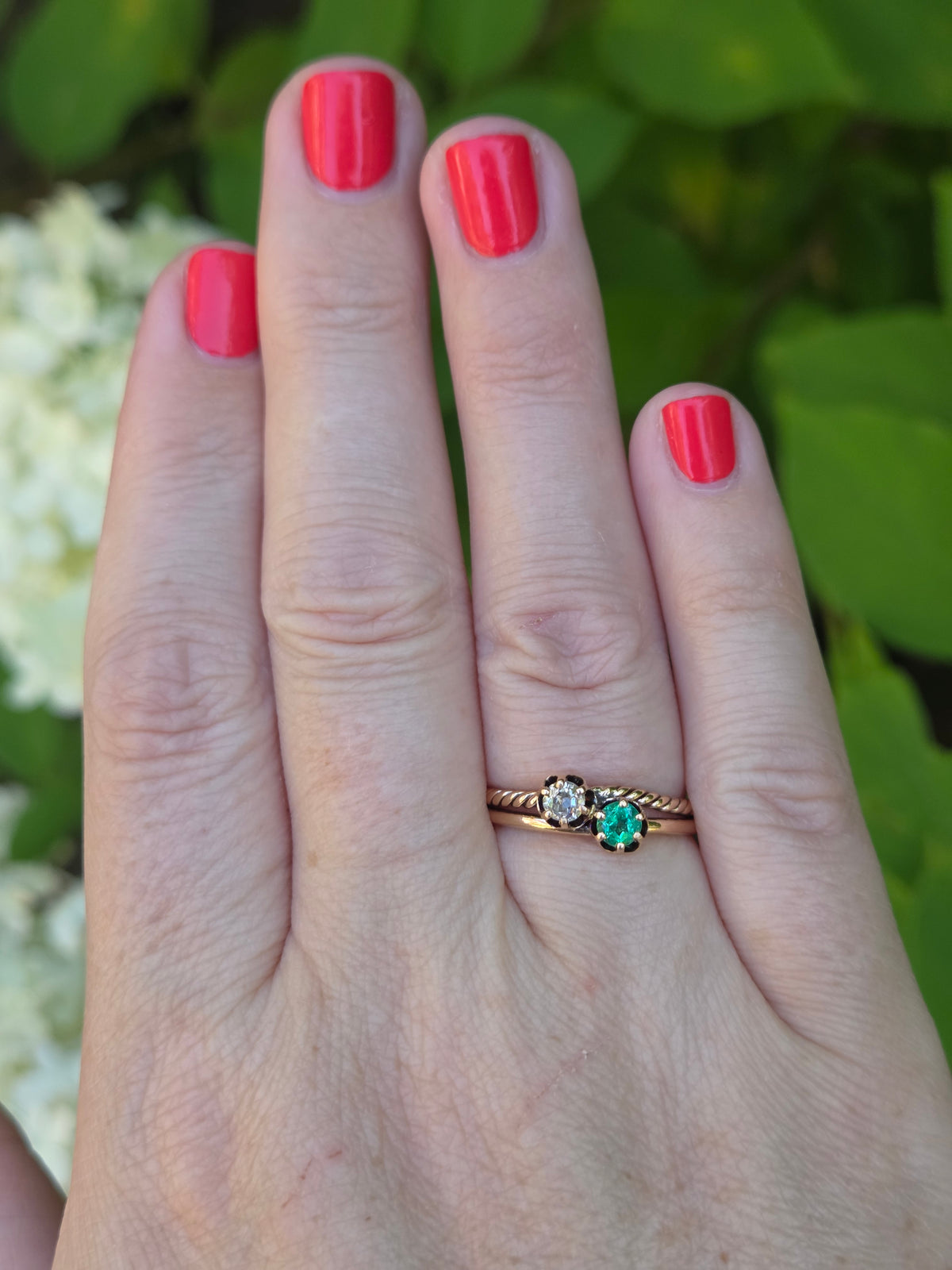 Antique Victorian Emerald and Old Mine Cut Toi et Moi Ring in 10k Rose Gold