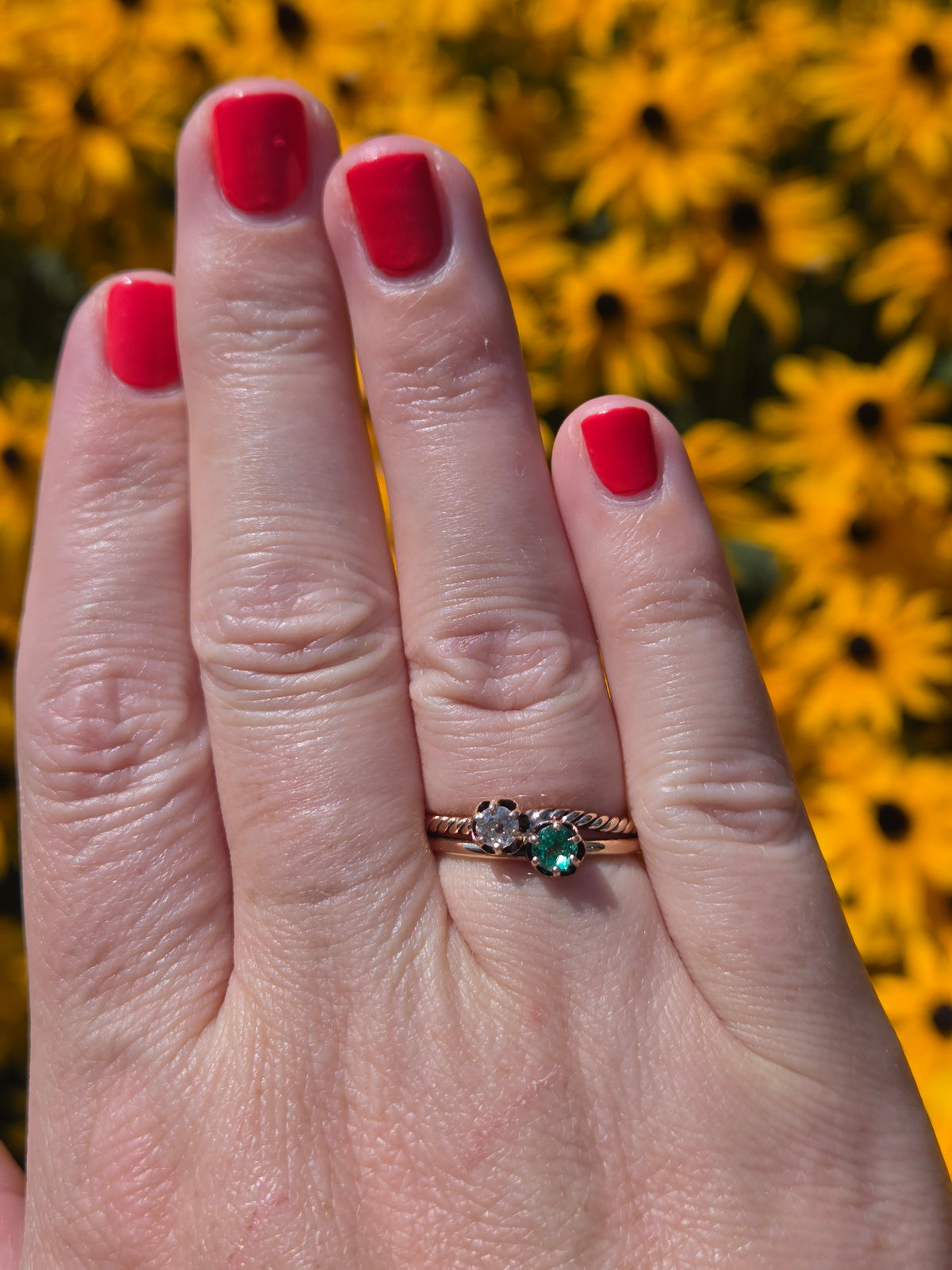 Antique Victorian Emerald and Old Mine Cut Toi et Moi Ring in 10k Rose Gold