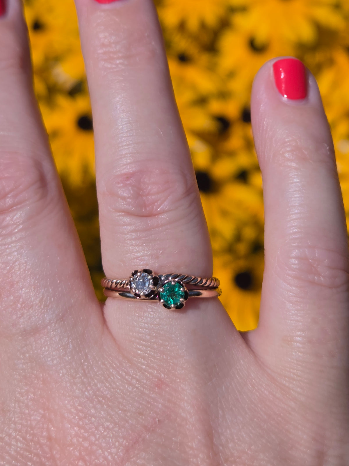 Antique Victorian Emerald and Old Mine Cut Toi et Moi Ring in 10k Rose Gold