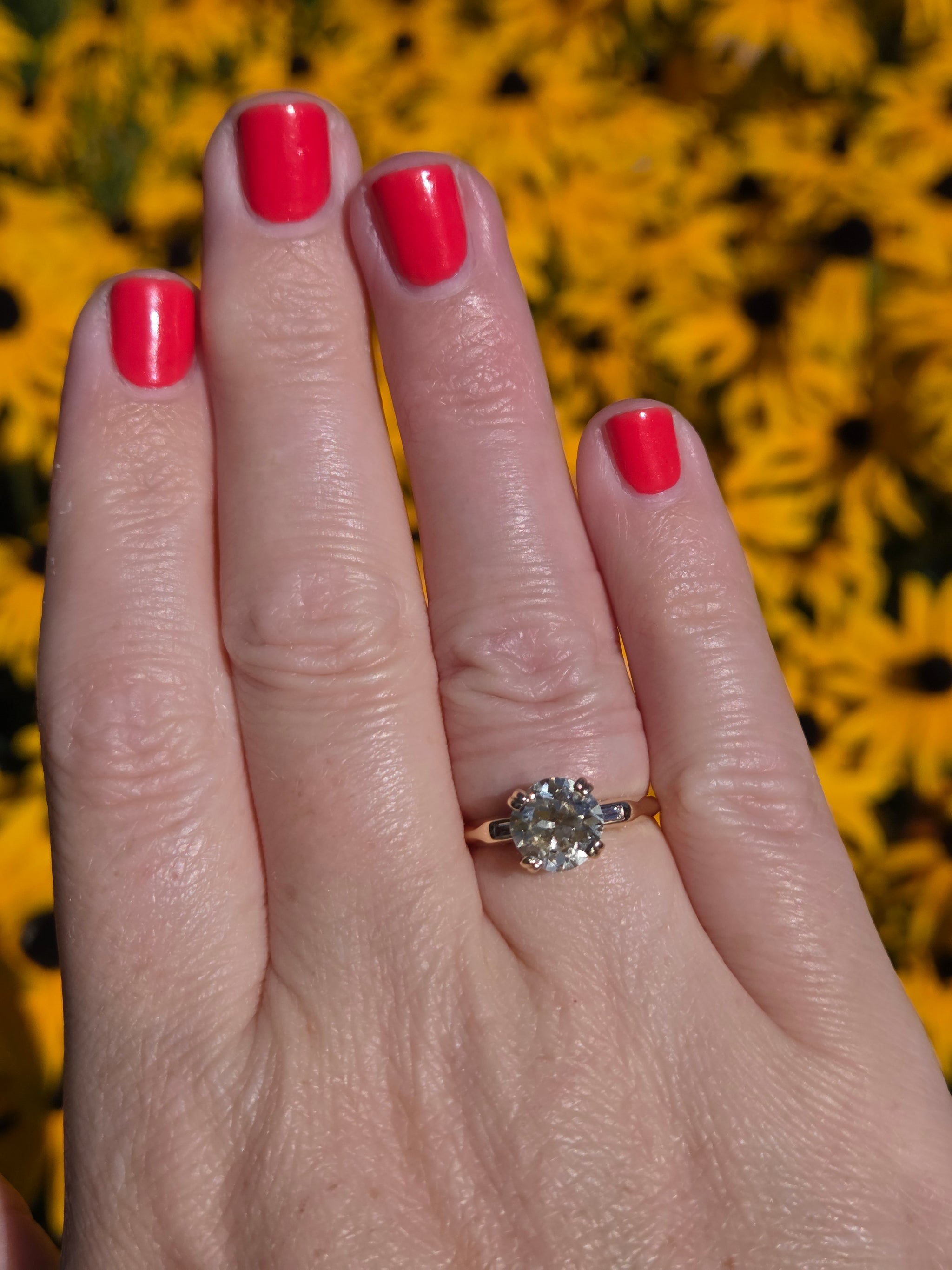 Late Art Deco Old European Cut and Baguette Diamond Engagement Ring in 14k Yellow Gold