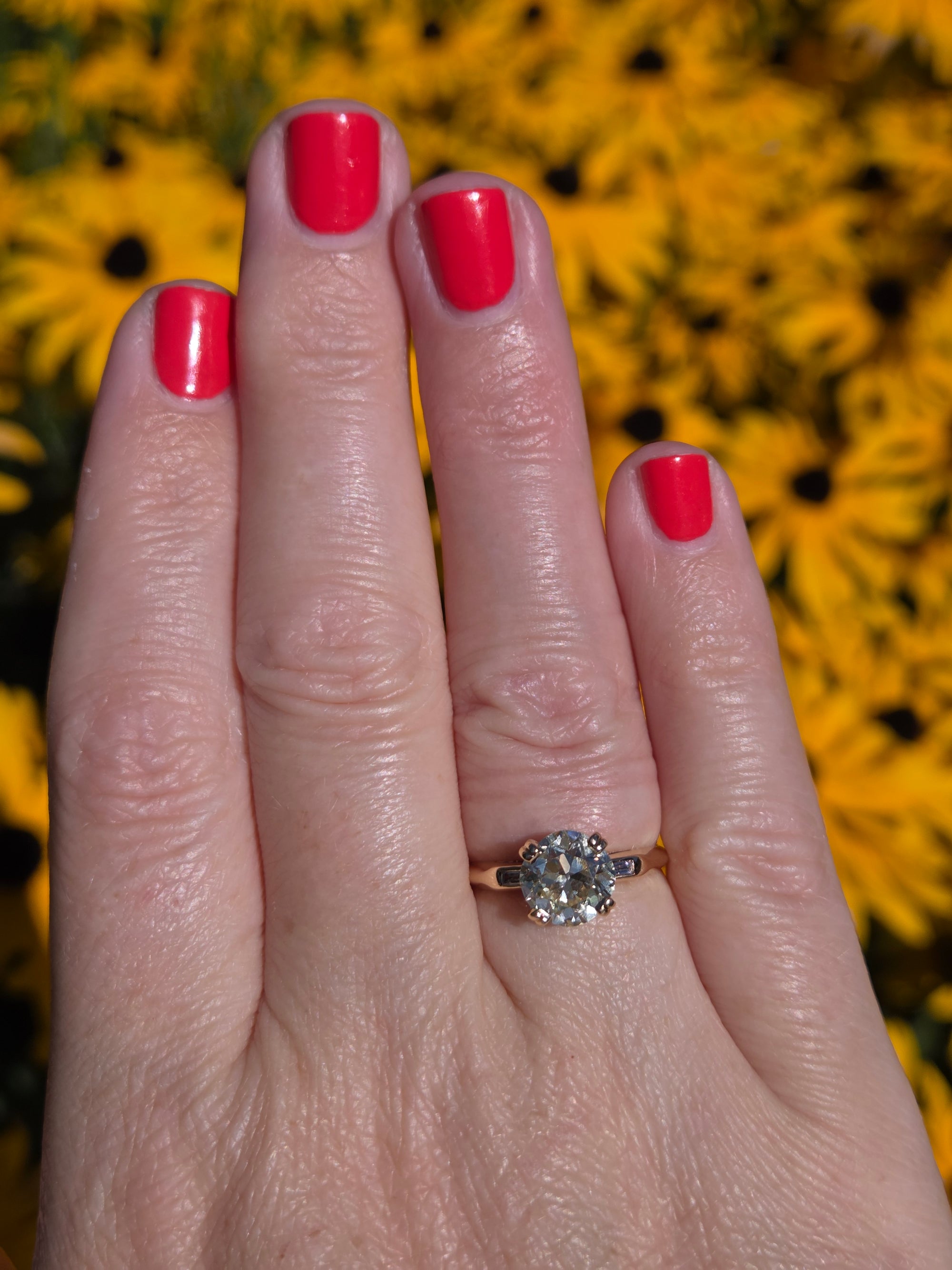 Late Art Deco Old European Cut and Baguette Diamond Engagement Ring in 14k Yellow Gold