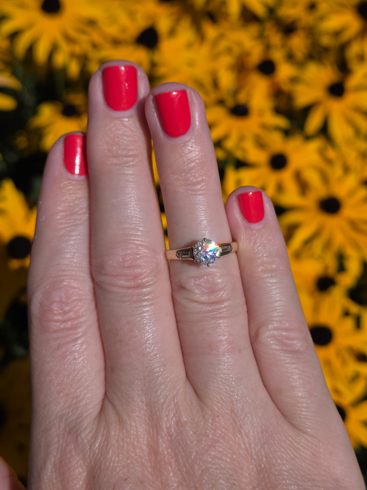 Old European and Baguette Cut Diamond Three Stone Ring in 14k Yellow Gold