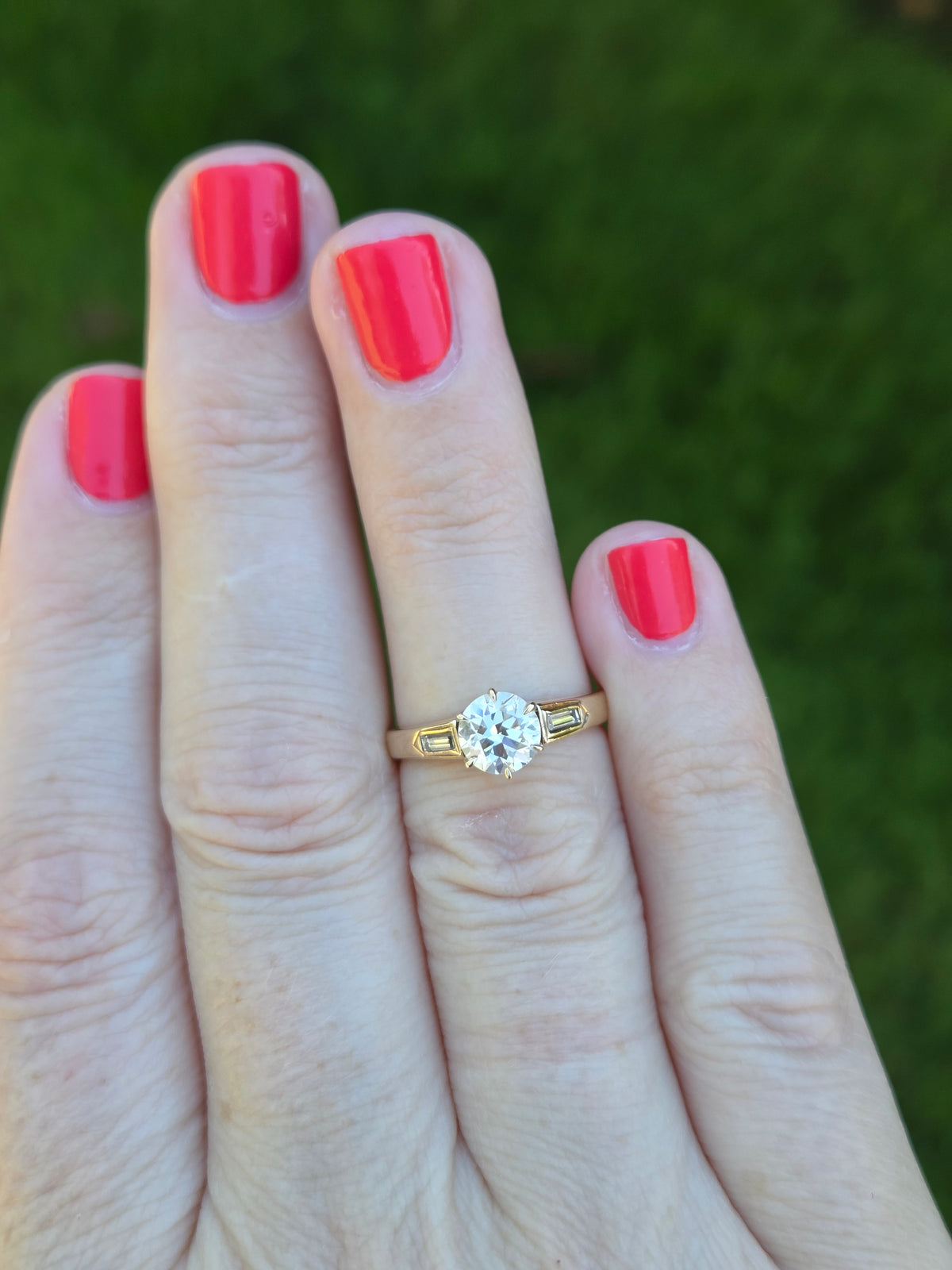 Old European and Baguette Cut Diamond Three Stone Ring in 14k Yellow Gold