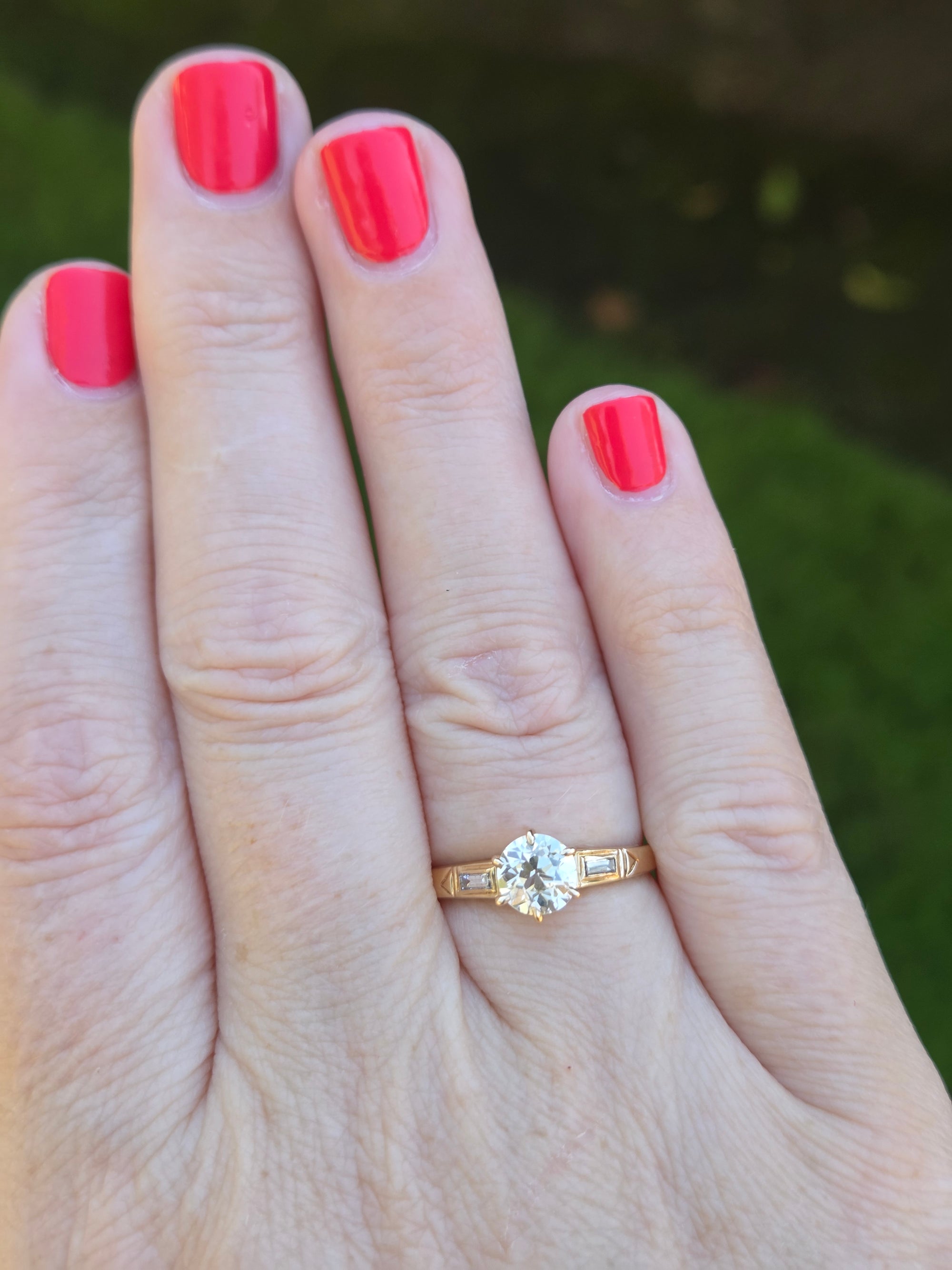 Late Art Deco Old European Cut Diamond Low Profile Engagement Ring in 14k Yellow Gold