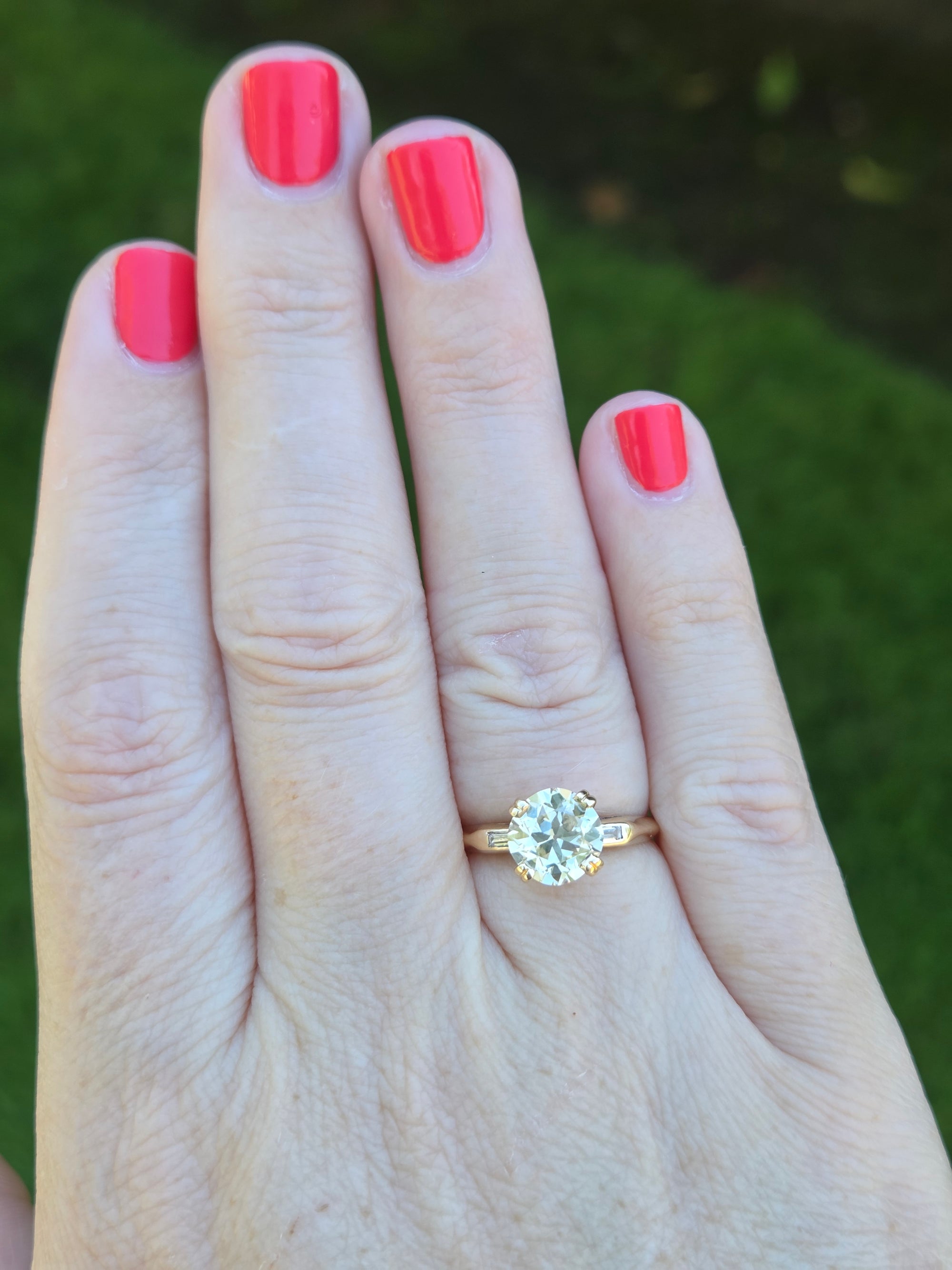 Late Art Deco Old European Cut and Baguette Diamond Engagement Ring in 14k Yellow Gold