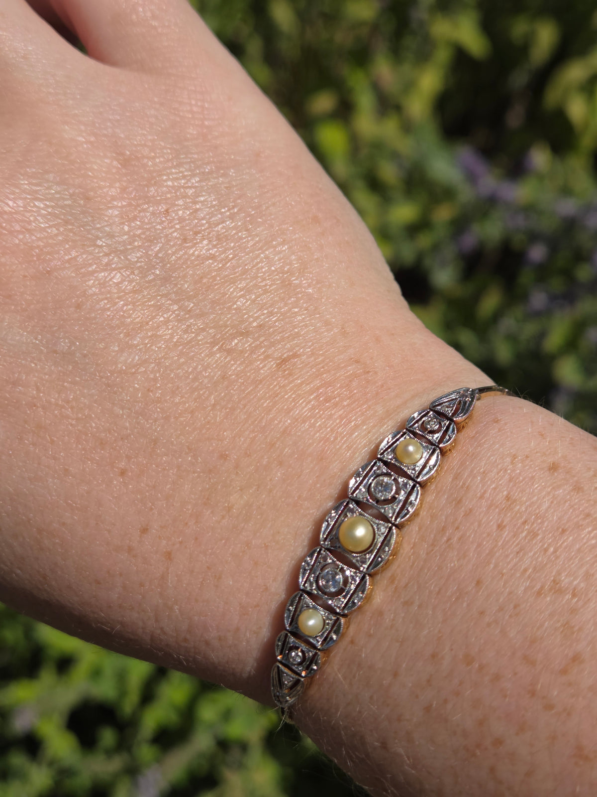 Art Deco Pearl and Old European Cut Diamond Bracelet in Silver Topped 14k Yellow Gold