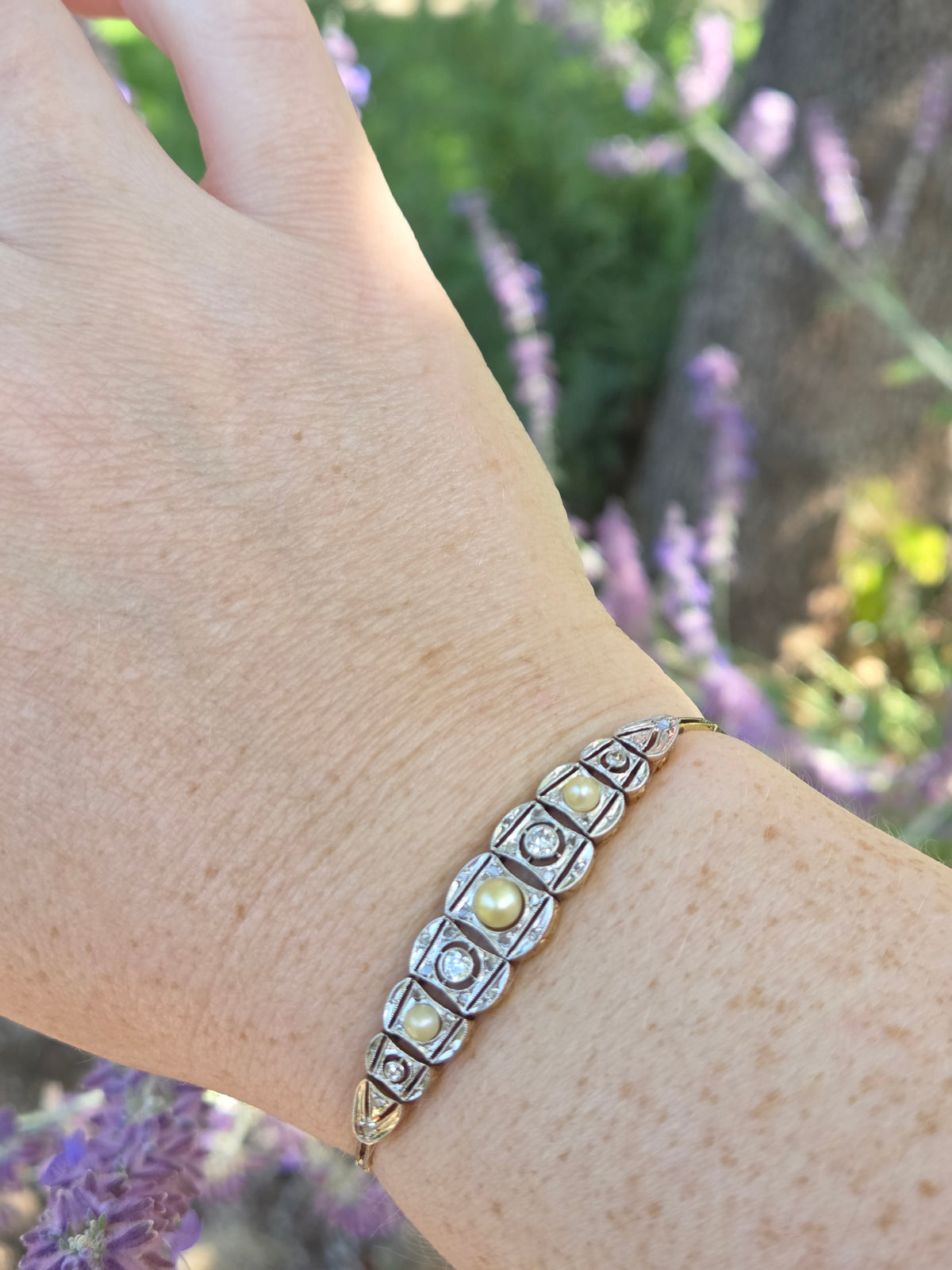 Art Deco Pearl and Old European Cut Diamond Bracelet in Silver Topped 14k Yellow Gold