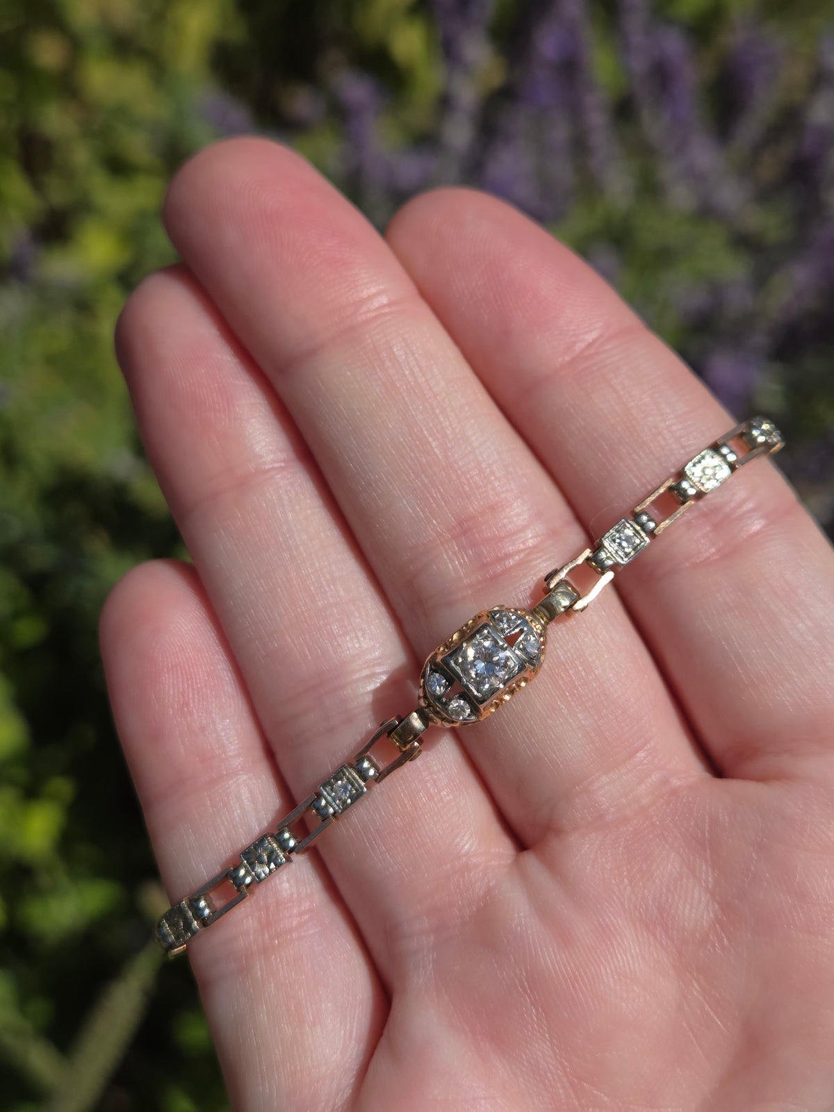 Petite Art Deco Old European Cut Diamond Chain Bracelet in 14k Rose & White Gold