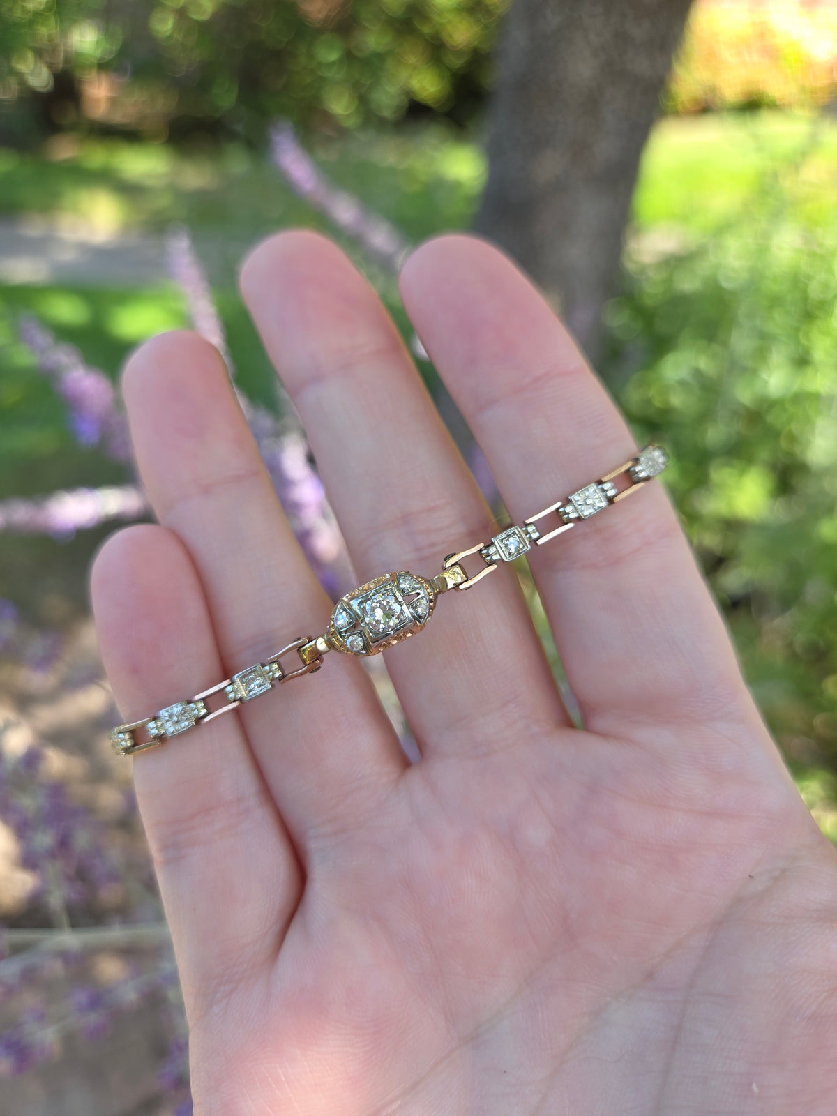 Petite Art Deco Old European Cut Diamond Chain Bracelet in 14k Rose & White Gold