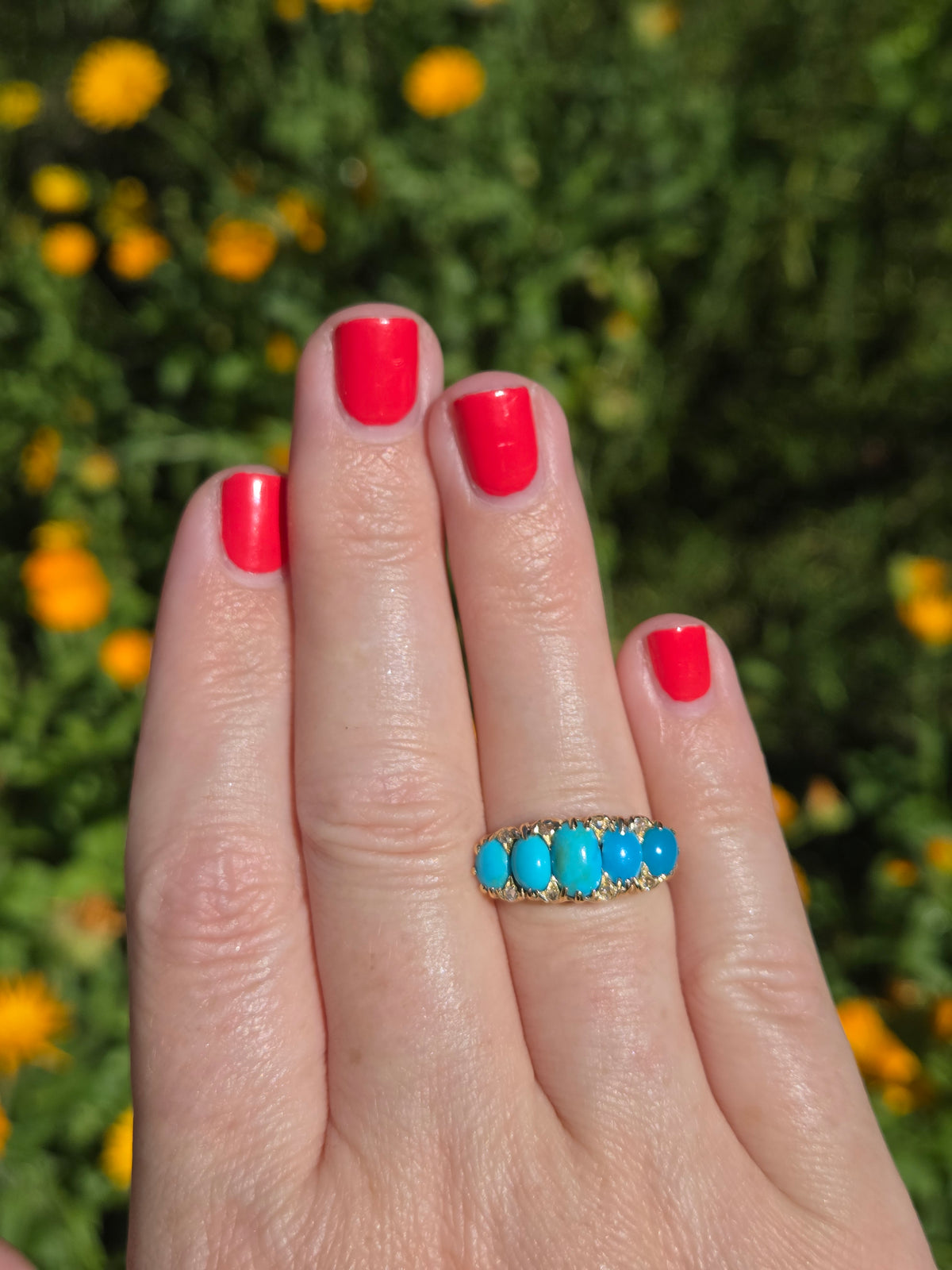 Victorian Turquoise & Rose Cut Diamond Five Stone Band Ring in 18k Yellow Gold