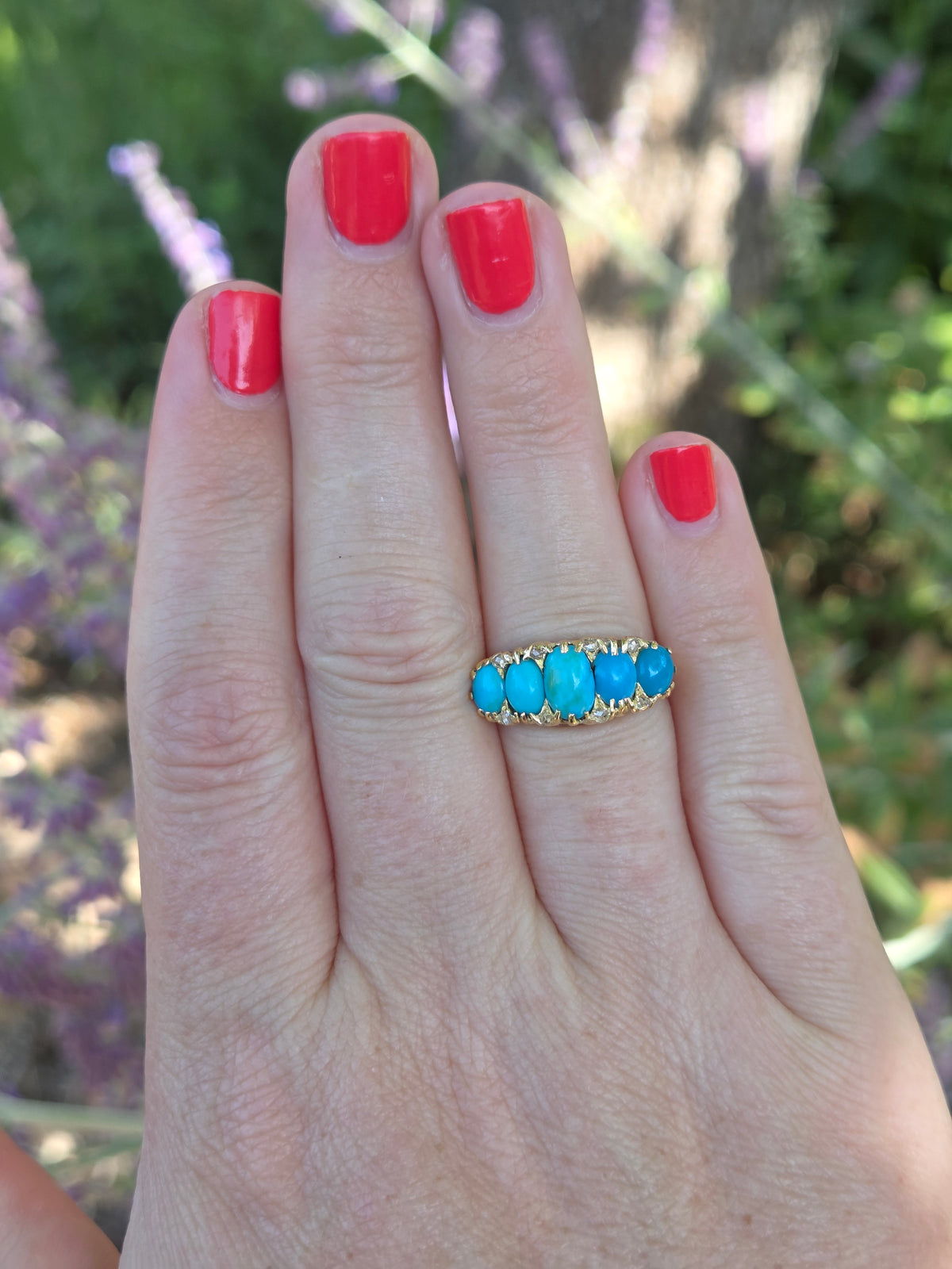 Victorian Turquoise & Rose Cut Diamond Five Stone Band Ring in 18k Yellow Gold
