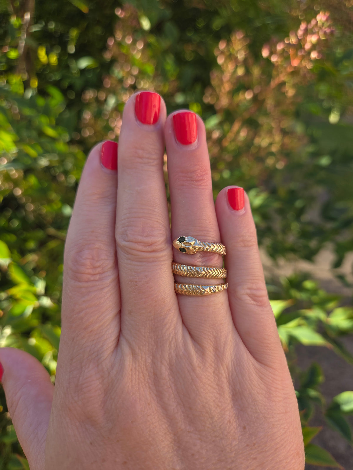 Vintage Emerald & Diamond Coiled Serpent Snake Ring in 14k Gold