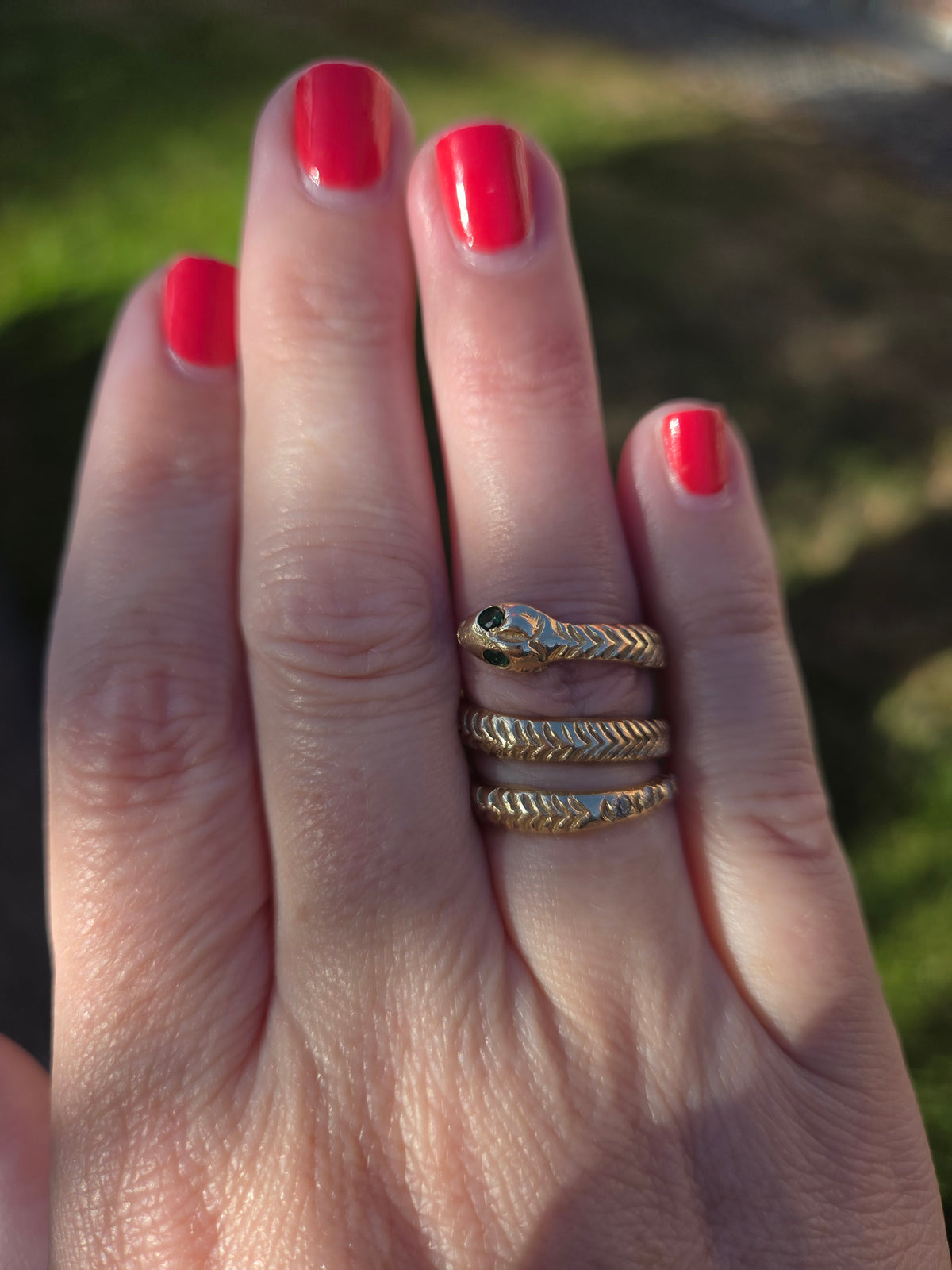 Vintage Emerald & Diamond Coiled Serpent Snake Ring in 14k Gold