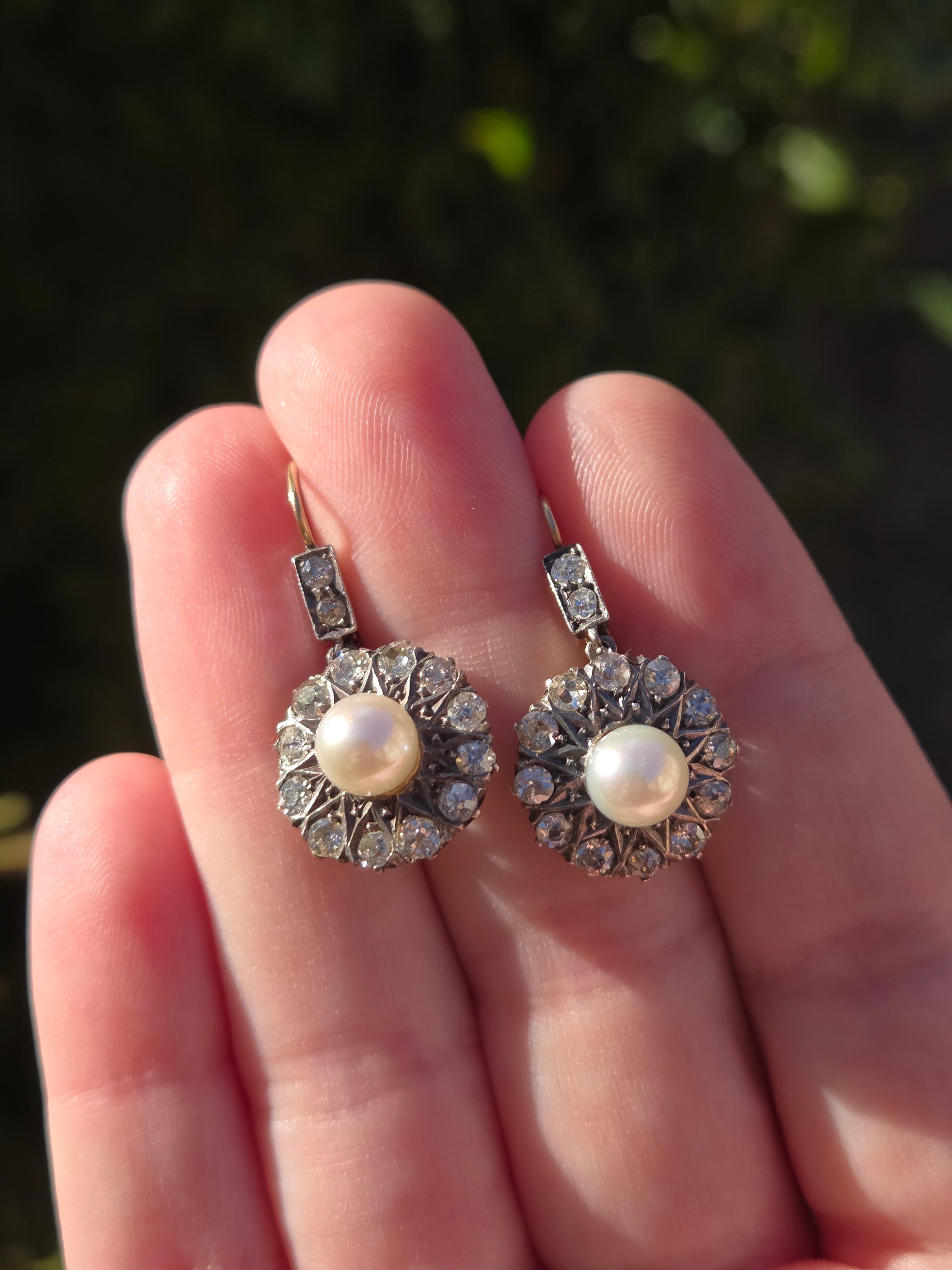Edwardian Pearl and Old Cut Diamond Dangle Earrings in 18k and Platinum