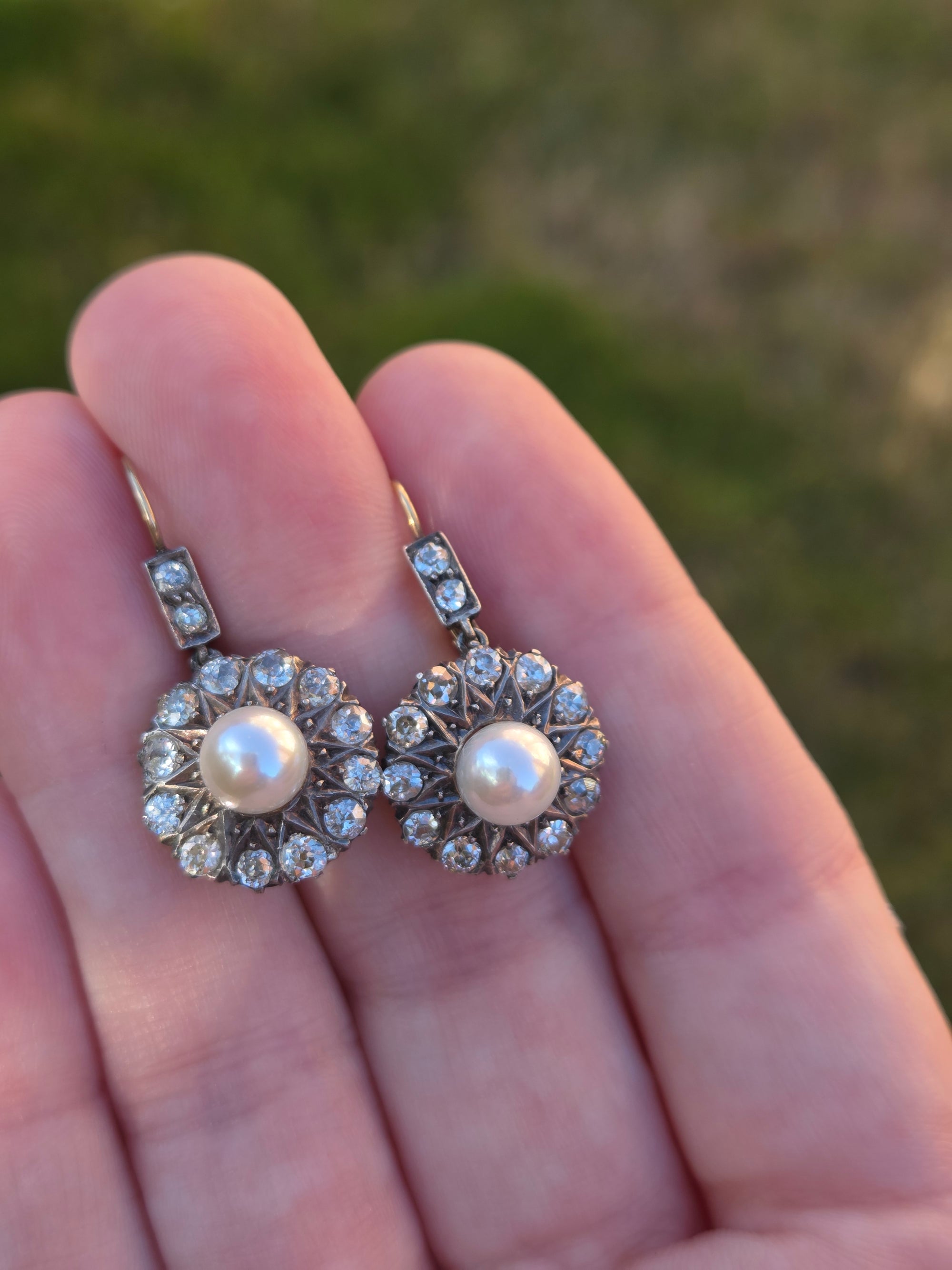 Edwardian Pearl and Old Cut Diamond Dangle Earrings in 18k and Platinum