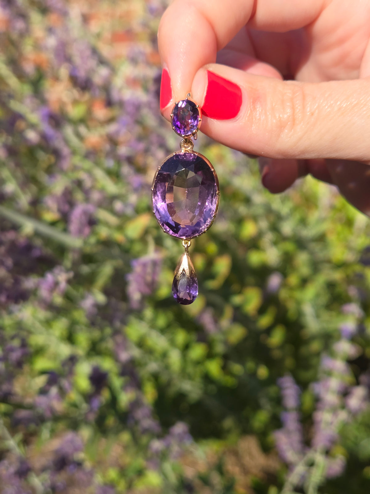 Antique Victorian Bezel Set and Briolette Cut Amethyst Statement Pendant in 14k Rosy Gold