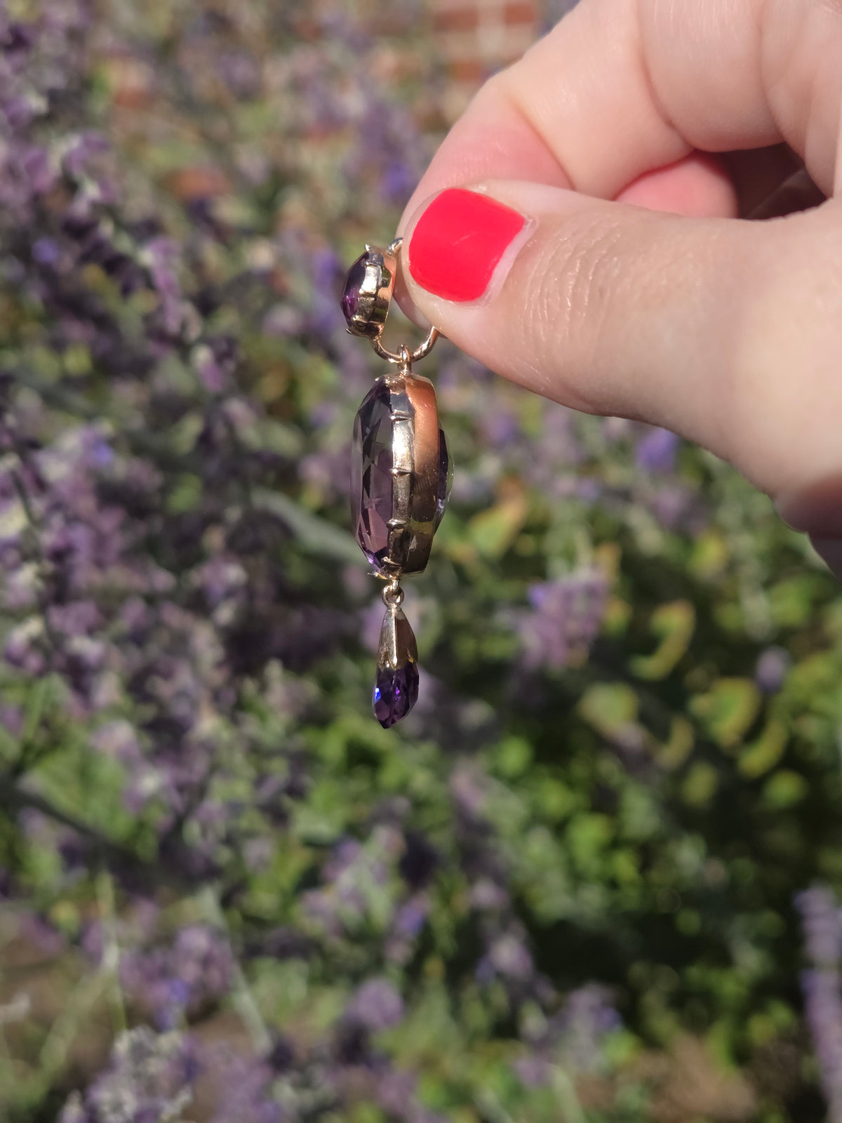 Antique Victorian Bezel Set and Briolette Cut Amethyst Statement Pendant in 14k Rosy Gold
