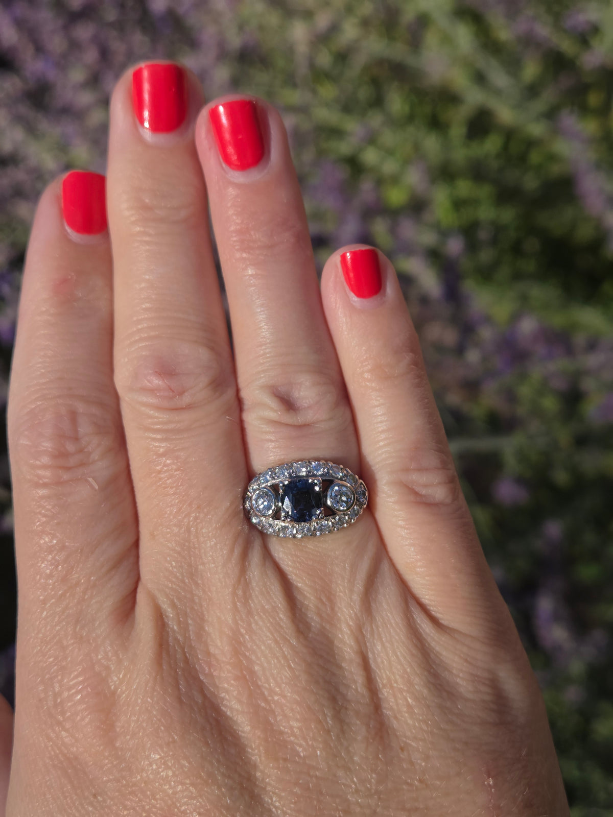 Vintage Blue Sapphire and Bezel Set Diamond Statement Ring in Platinum
