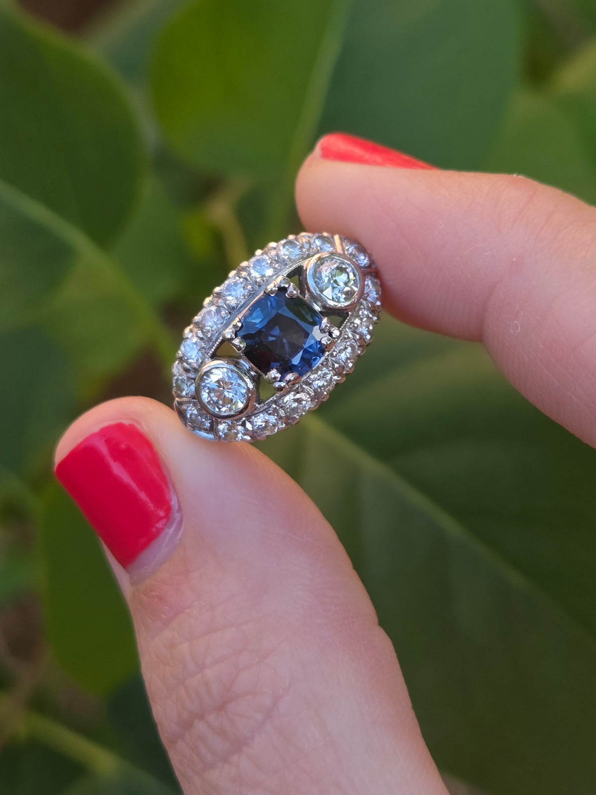 Vintage Blue Sapphire and Bezel Set Diamond Statement Ring in Platinum
