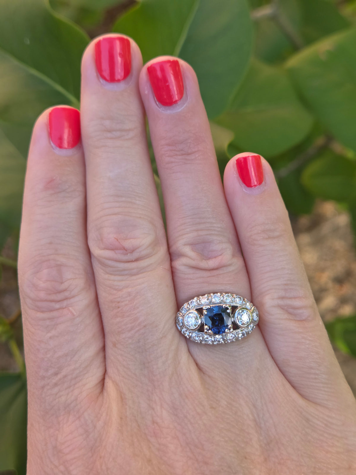 Vintage Blue Sapphire and Bezel Set Diamond Statement Ring in Platinum