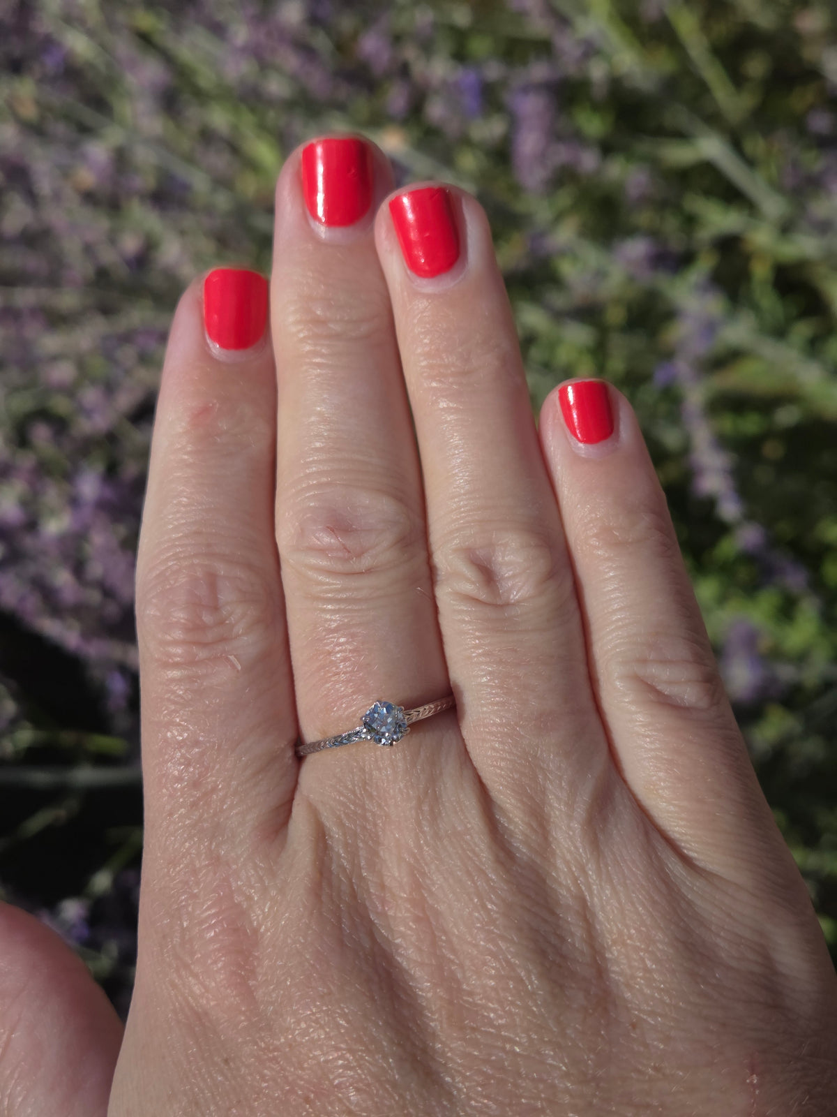 Art Deco Old Mine Cut Solitaire Ring with Engraved Shoulders in 14k White Gold