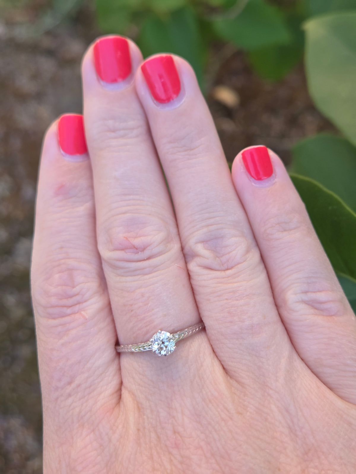 Art Deco Old Mine Cut Solitaire Ring with Engraved Shoulders in 14k White Gold