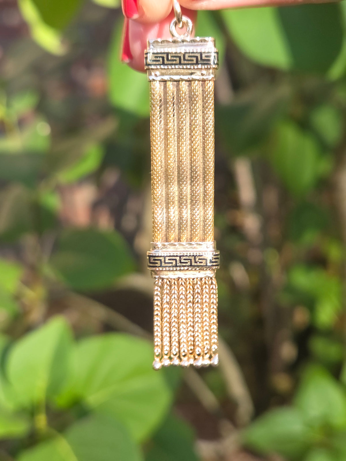 Antique Victorian Black Enamel Fringe Tassel Pendant in 14k Yellow Gold