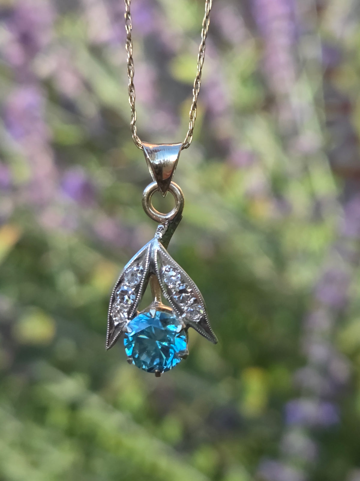 Sparkling Retro Blue Zircon and Diamond Pendant Necklace in 14k Yellow Gold