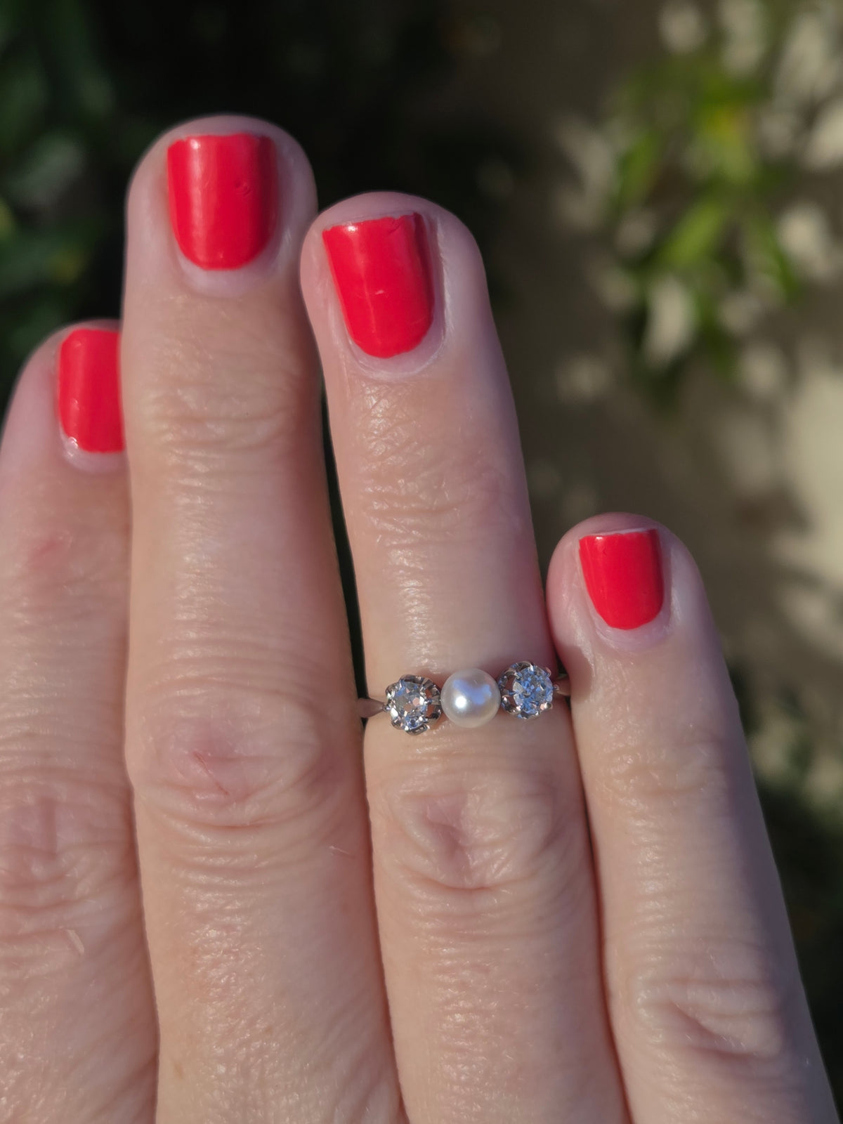 Edwardian Pearl and Old Mine Cut Diamond Three Stone Ring in Platinum