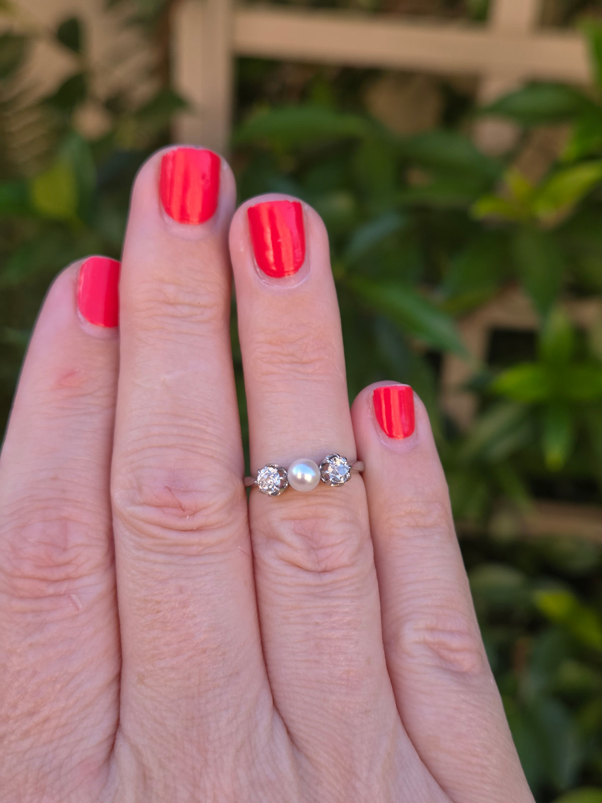 Edwardian Pearl and Old Mine Cut Diamond Three Stone Ring in Platinum