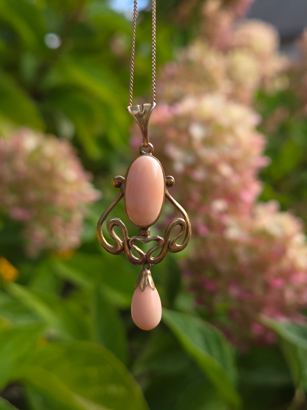Art Nouveau Angel Skin Coral Drop Pendant Necklace in 10 & 14k Yellow Gold