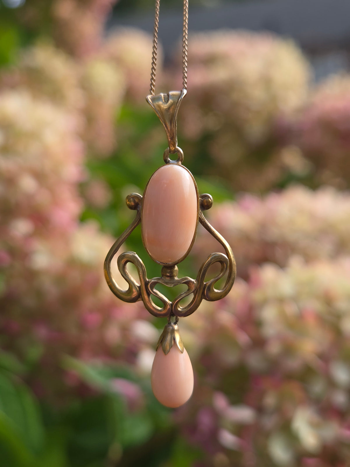 Art Nouveau Angel Skin Coral Drop Pendant Necklace in 10 & 14k Yellow Gold