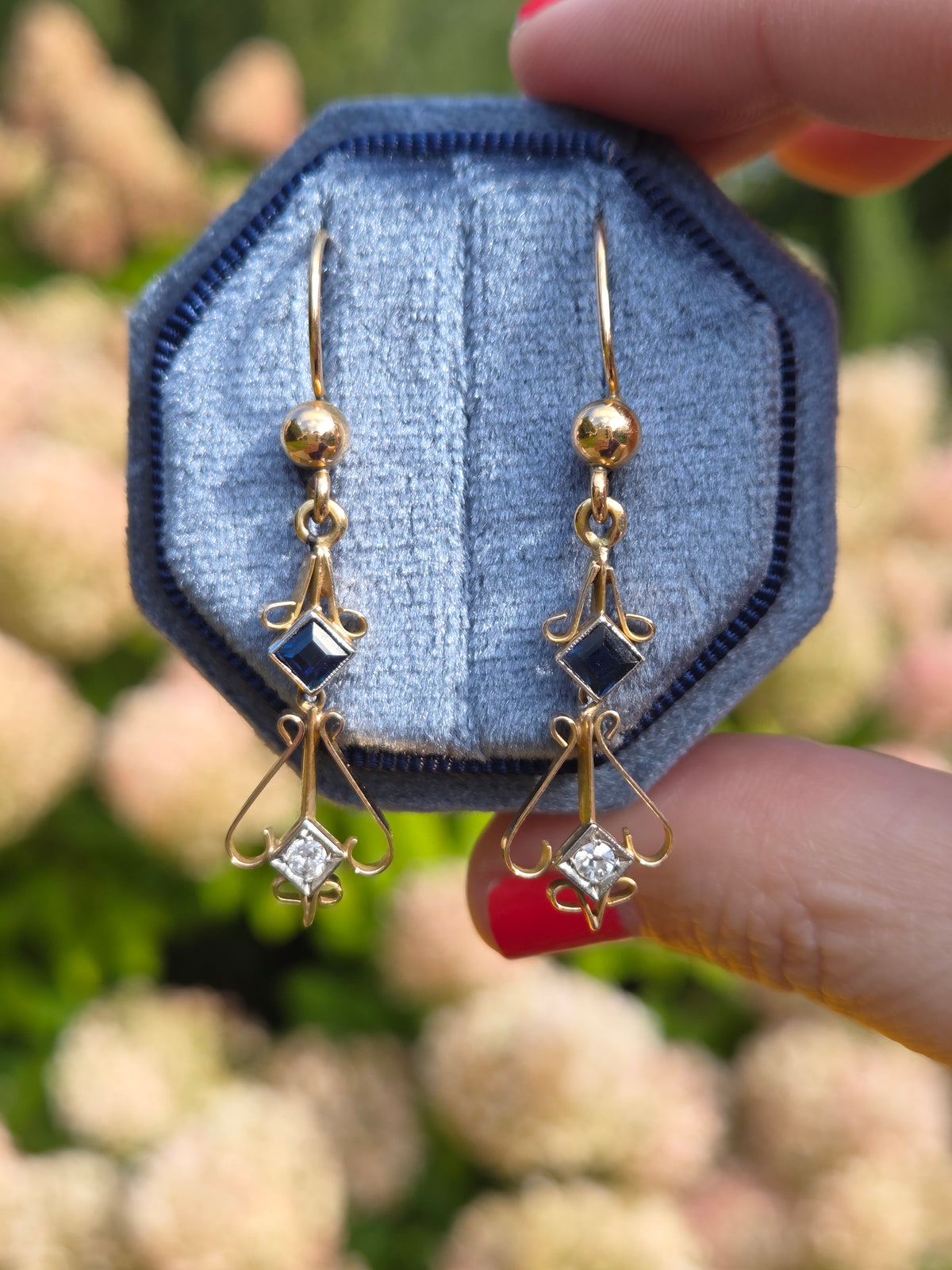 Fantastic Art Deco Old Cut Diamond and Sapphire Dangle Earrings in 18k Yellow Gold