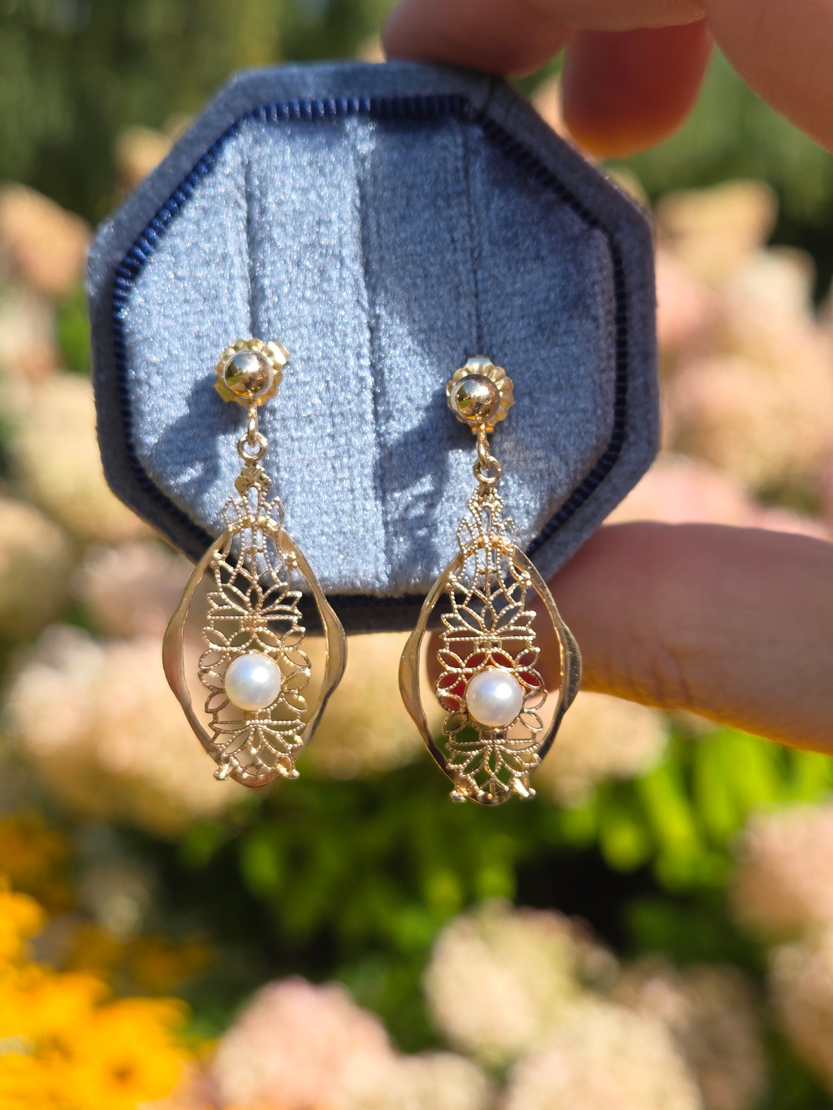 Vintage 14k Filigree Dangle Earrings with Akoya Pearls