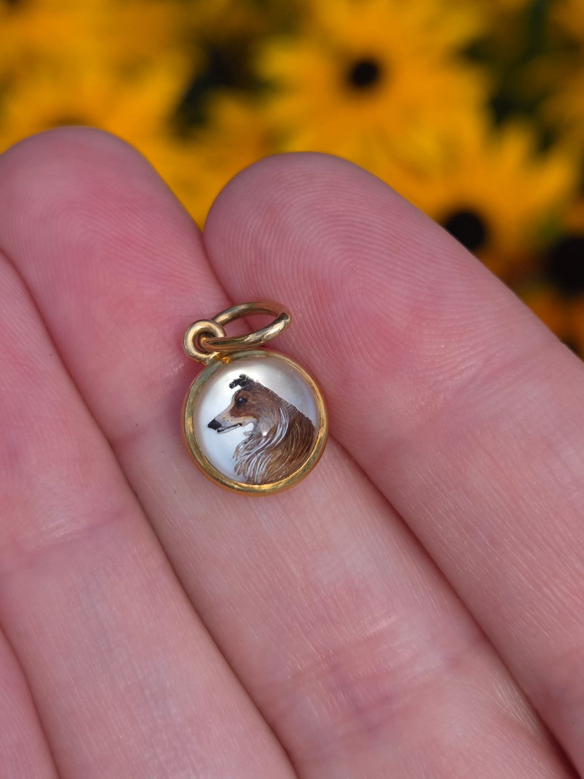 Victorian Miniature Collie Essex Crystal Pendant in 14k Yellow Gold