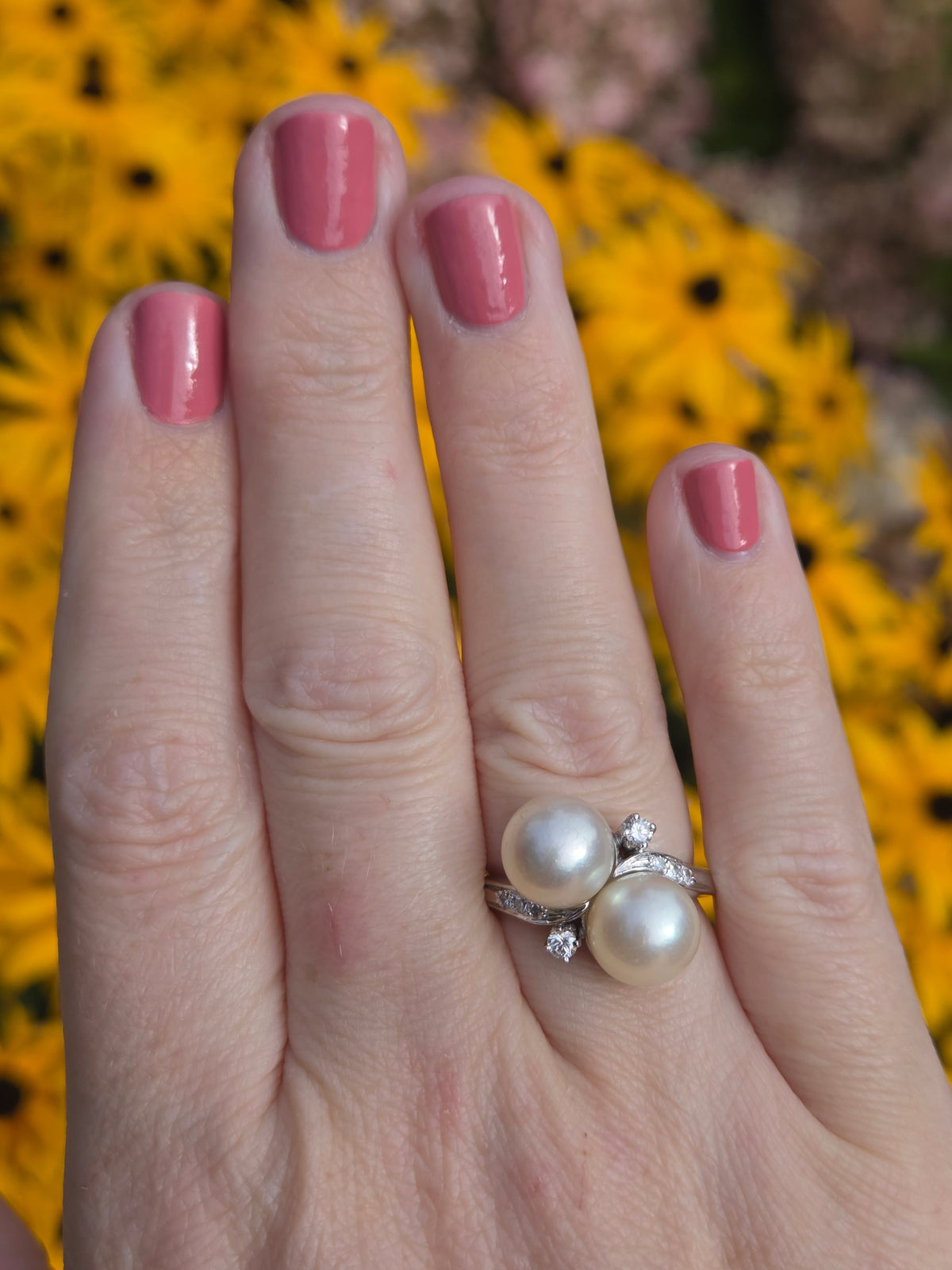 Glowing Double Akoya Pearl and Diamond Bypass Statement Ring in 14k White Gold