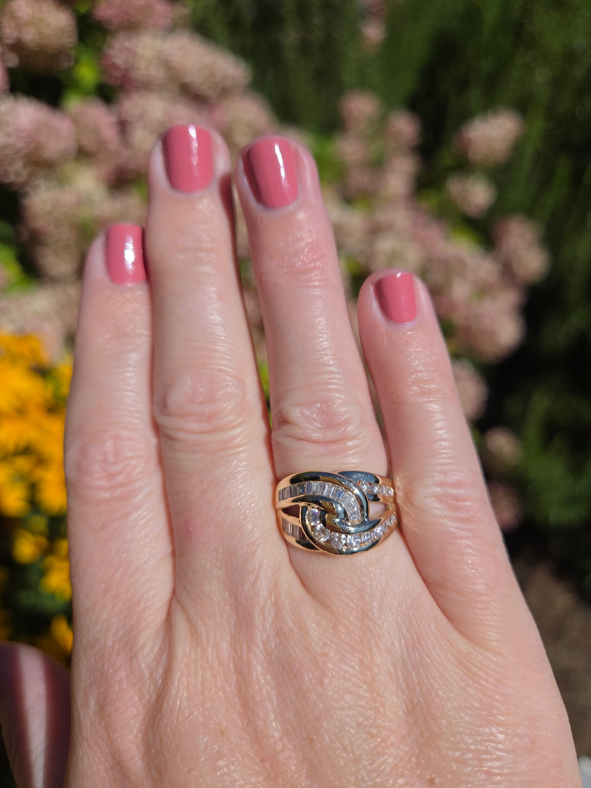 Baguette & Round Diamond Crossover Statement Ring in 14k Yellow Gold