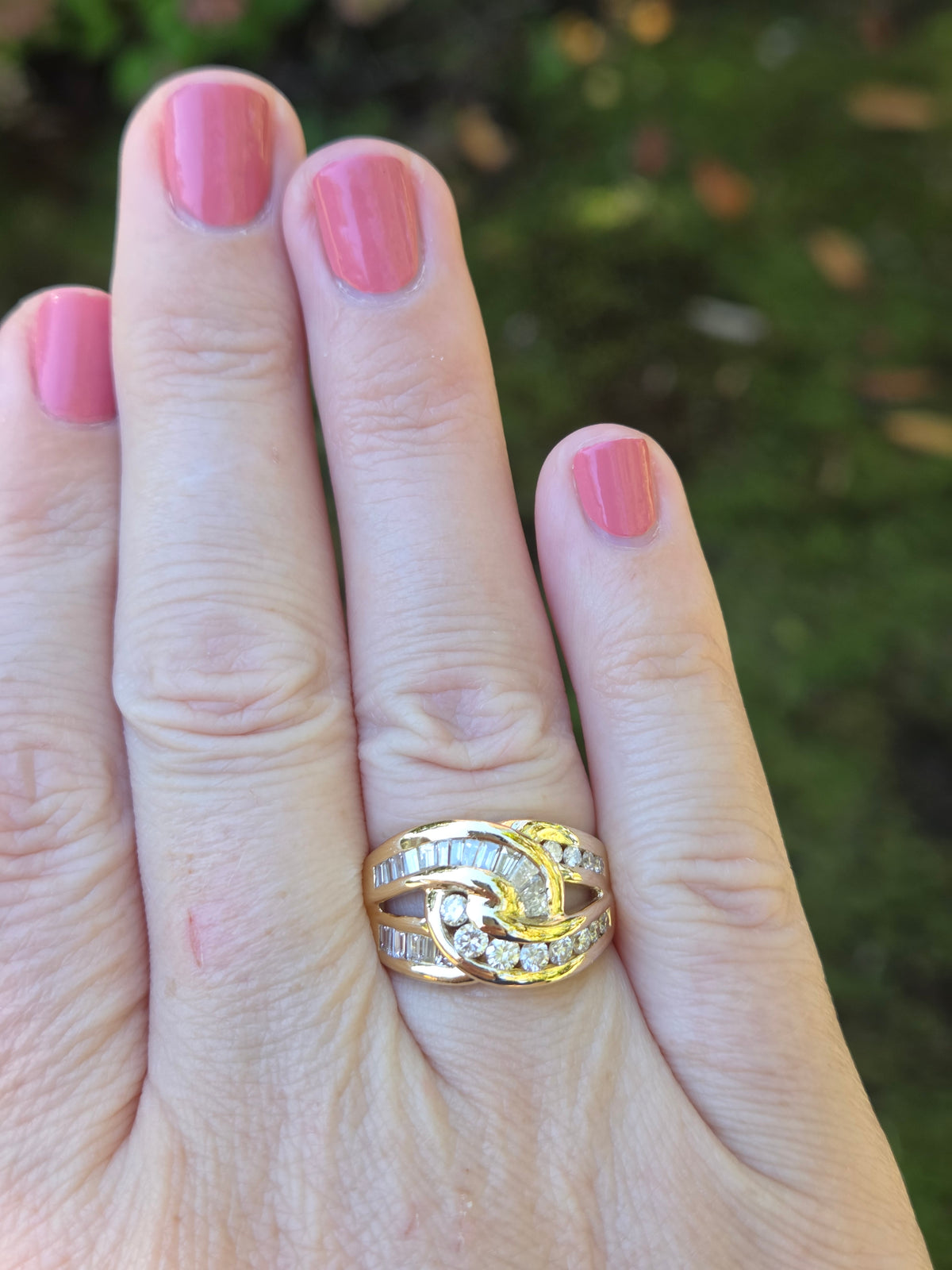 Baguette & Round Diamond Crossover Statement Ring in 14k Yellow Gold