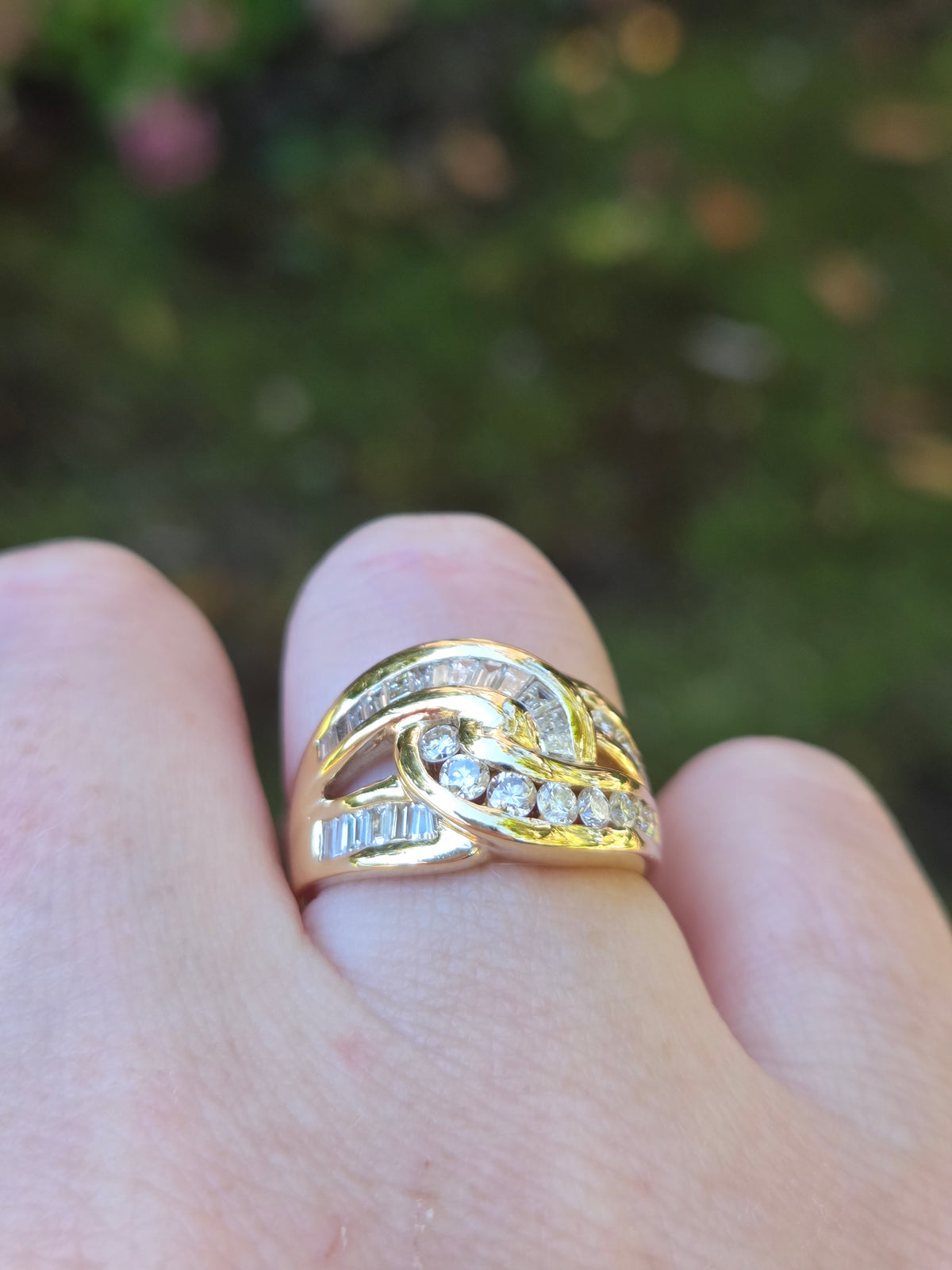 Baguette & Round Diamond Crossover Statement Ring in 14k Yellow Gold