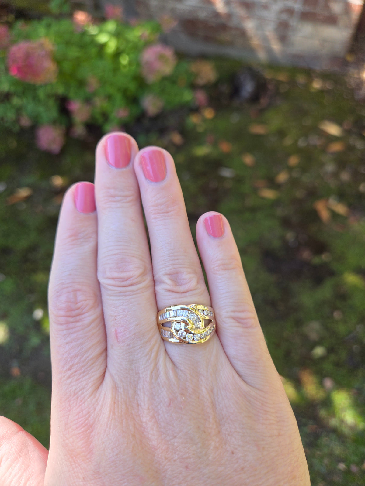 Baguette & Round Diamond Crossover Statement Ring in 14k Yellow Gold