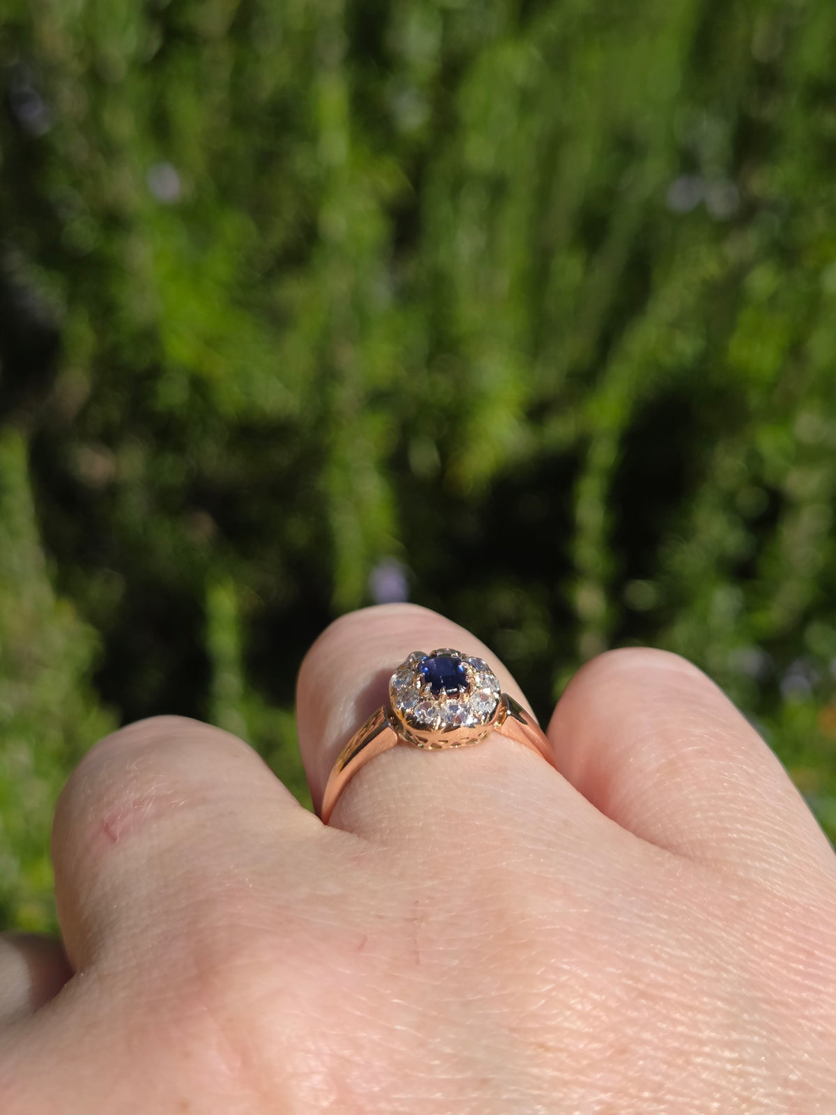 Victorian Deep Blue Sapphire and Old Mine Cut Diamond Halo Ring in 10k Rose Gold