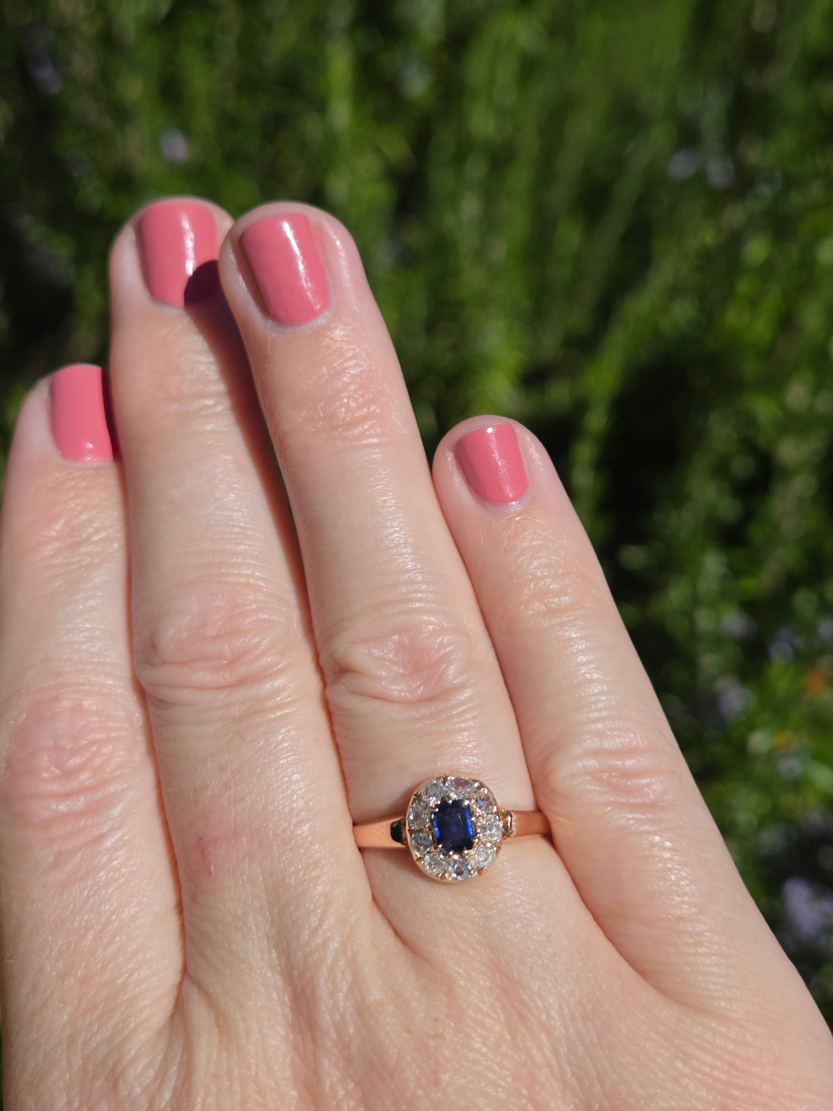 Victorian Deep Blue Sapphire and Old Mine Cut Diamond Halo Ring in 10k Rose Gold