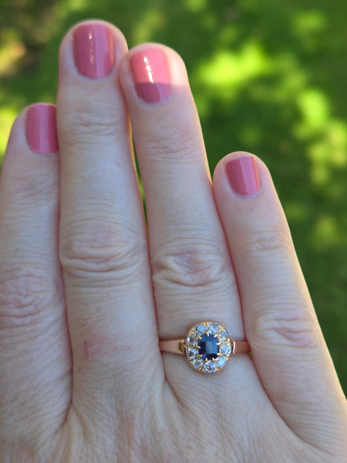 Victorian Deep Blue Sapphire and Old Mine Cut Diamond Halo Ring in 10k Rose Gold