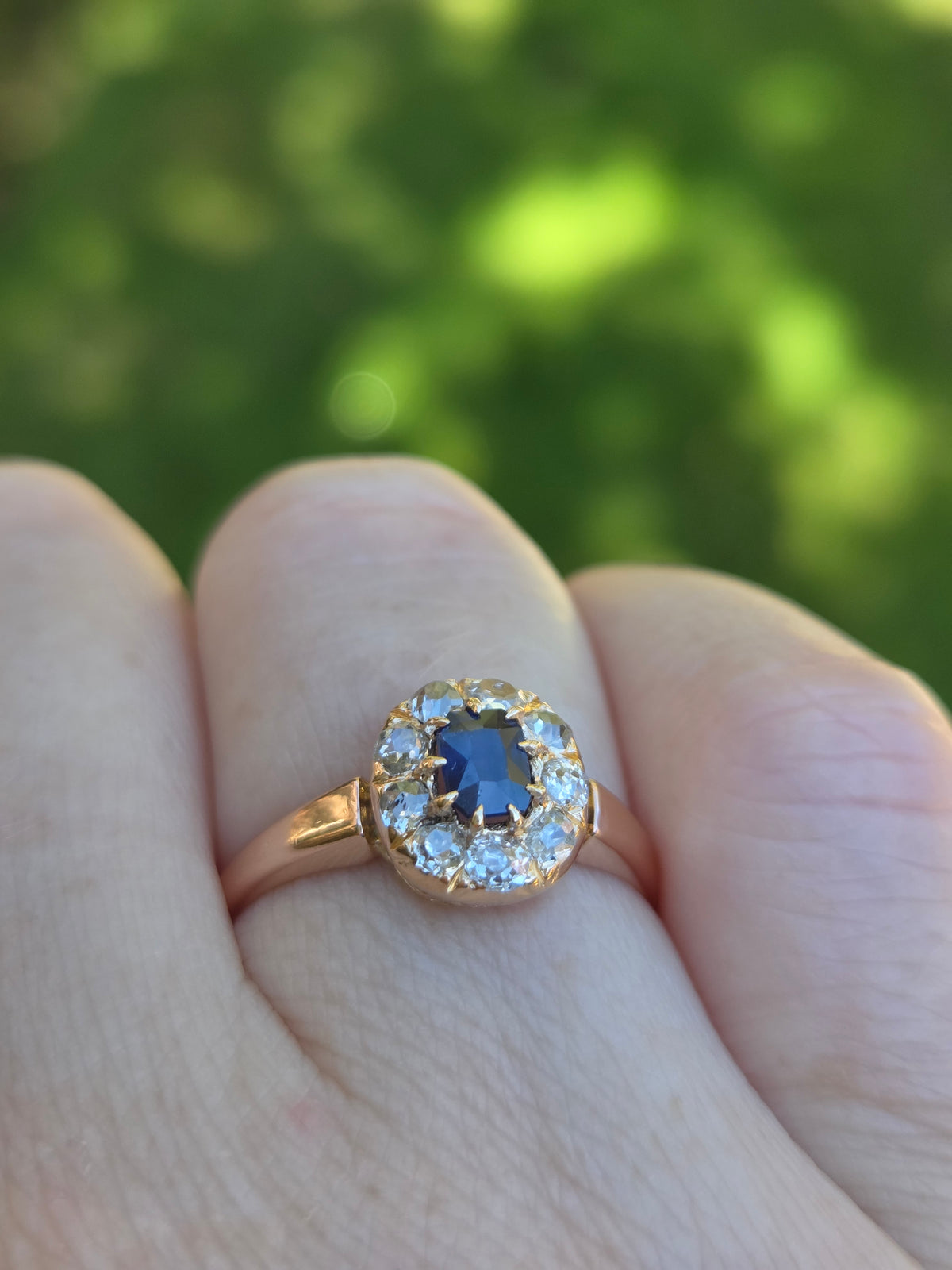 Victorian Deep Blue Sapphire and Old Mine Cut Diamond Halo Ring in 10k Rose Gold