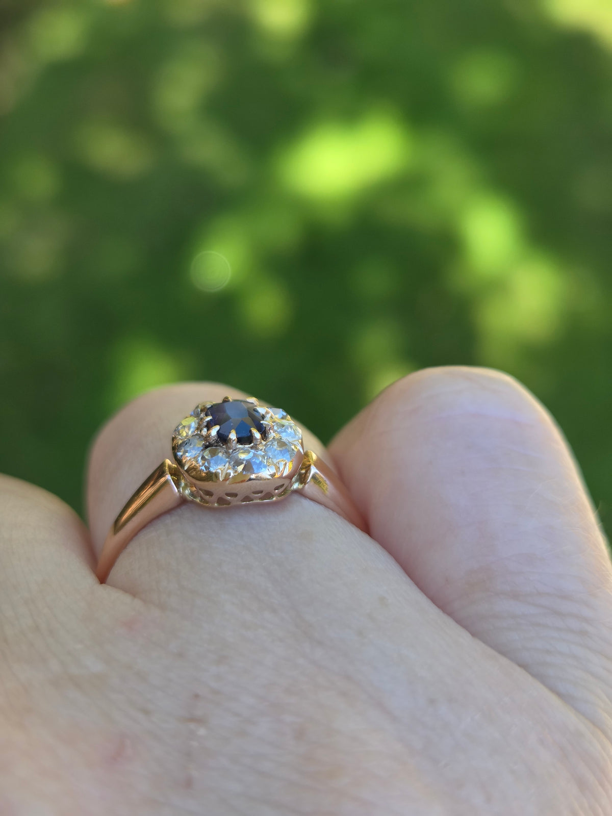 Victorian Deep Blue Sapphire and Old Mine Cut Diamond Halo Ring in 10k Rose Gold
