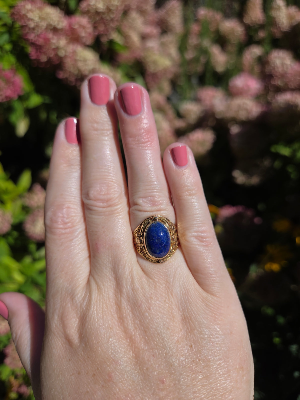 Antique Bezel Set Lapis Statement Ring in 18k Yellow Gold