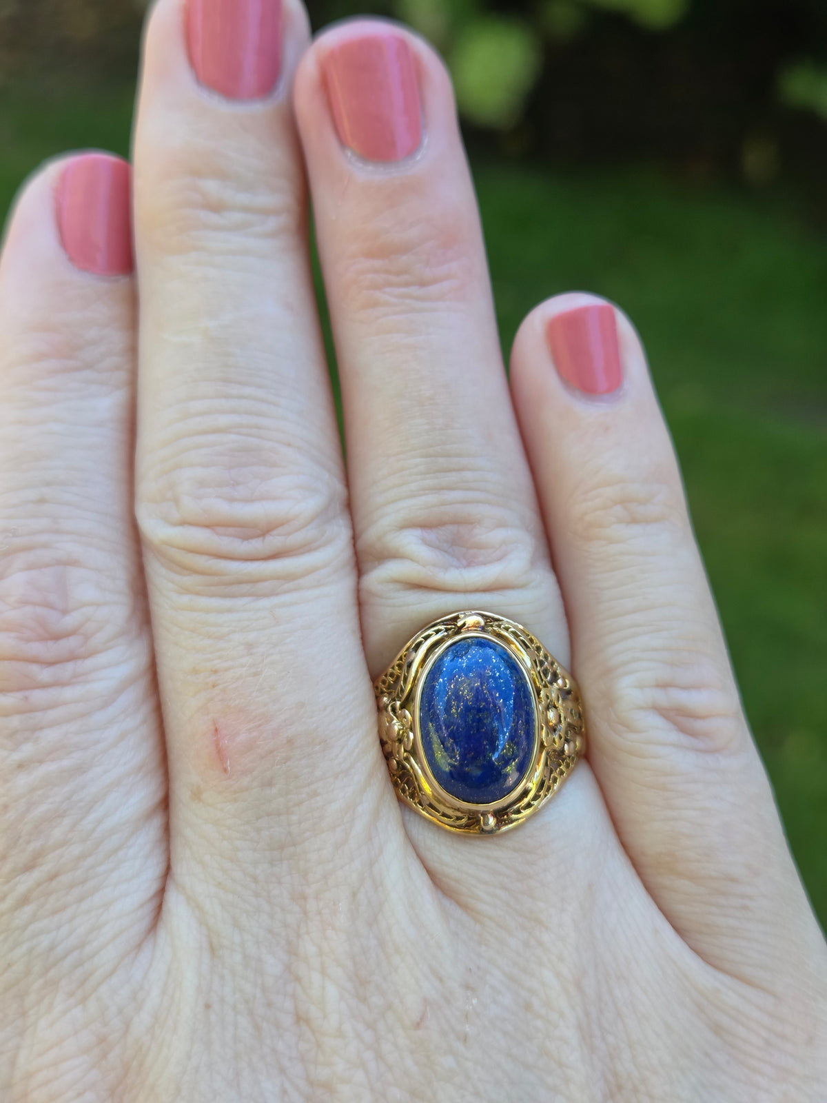 Antique Bezel Set Lapis Statement Ring in 18k Yellow Gold