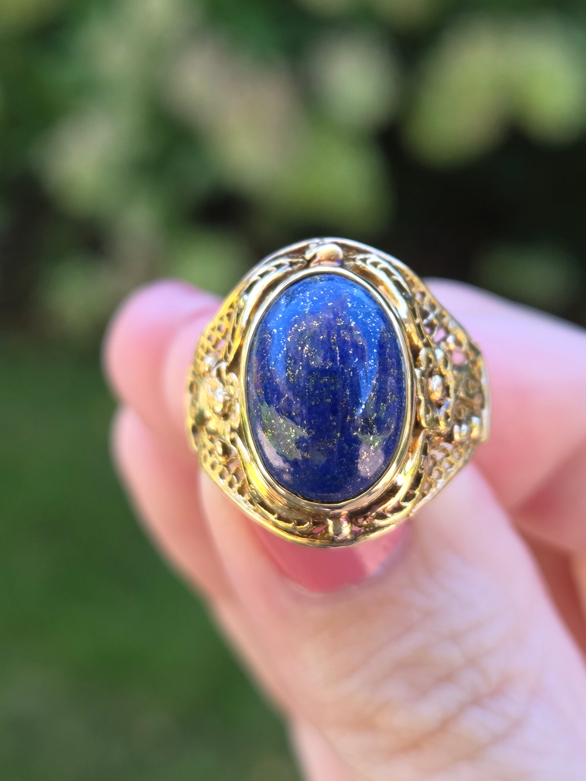 Antique Bezel Set Lapis Statement Ring in 18k Yellow Gold