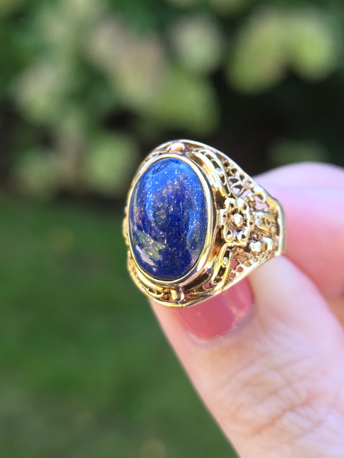 Antique Bezel Set Lapis Statement Ring in 18k Yellow Gold
